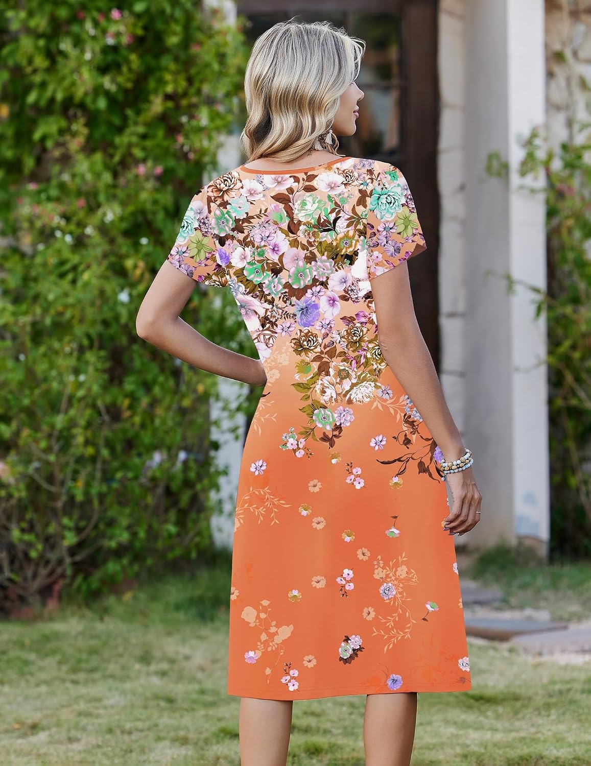image:imageZeagoo Womens Casual Summer Dress 2026 Short Sleeve Dresses Pleats Midi A Line Flowy Dress Boho Beach Sundress with PocketsGradient Orange