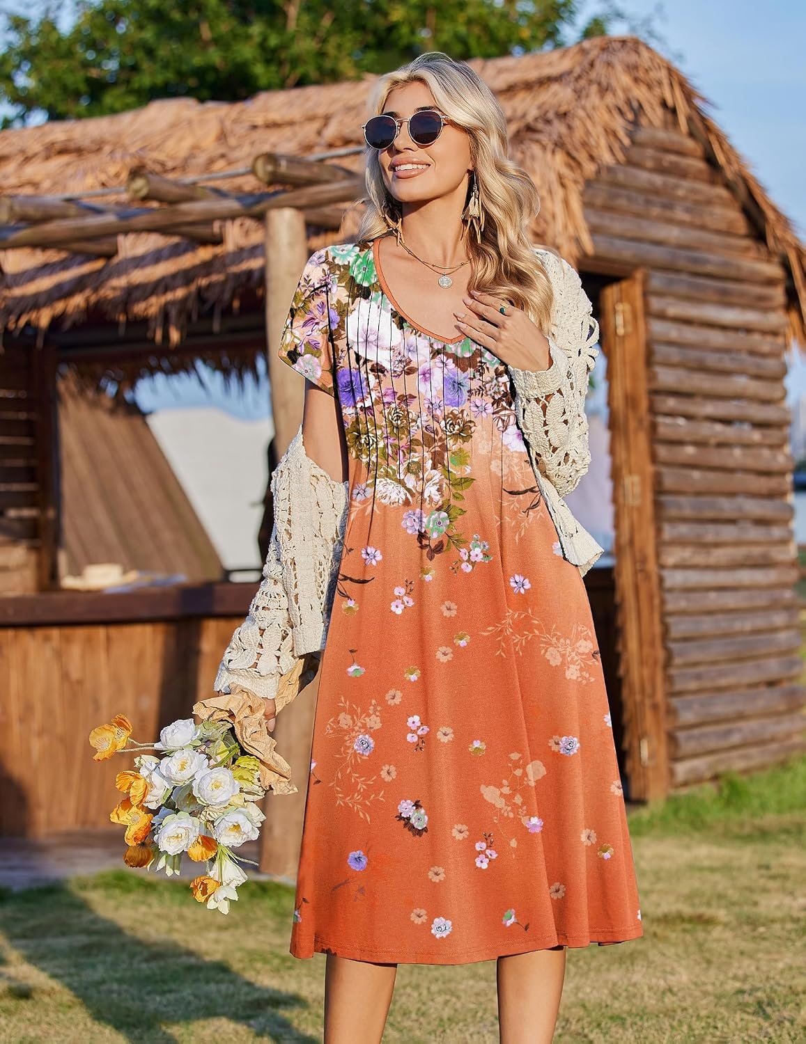 image:imageZeagoo Womens Casual Summer Dress 2026 Short Sleeve Dresses Pleats Midi A Line Flowy Dress Boho Beach Sundress with PocketsGradient Orange