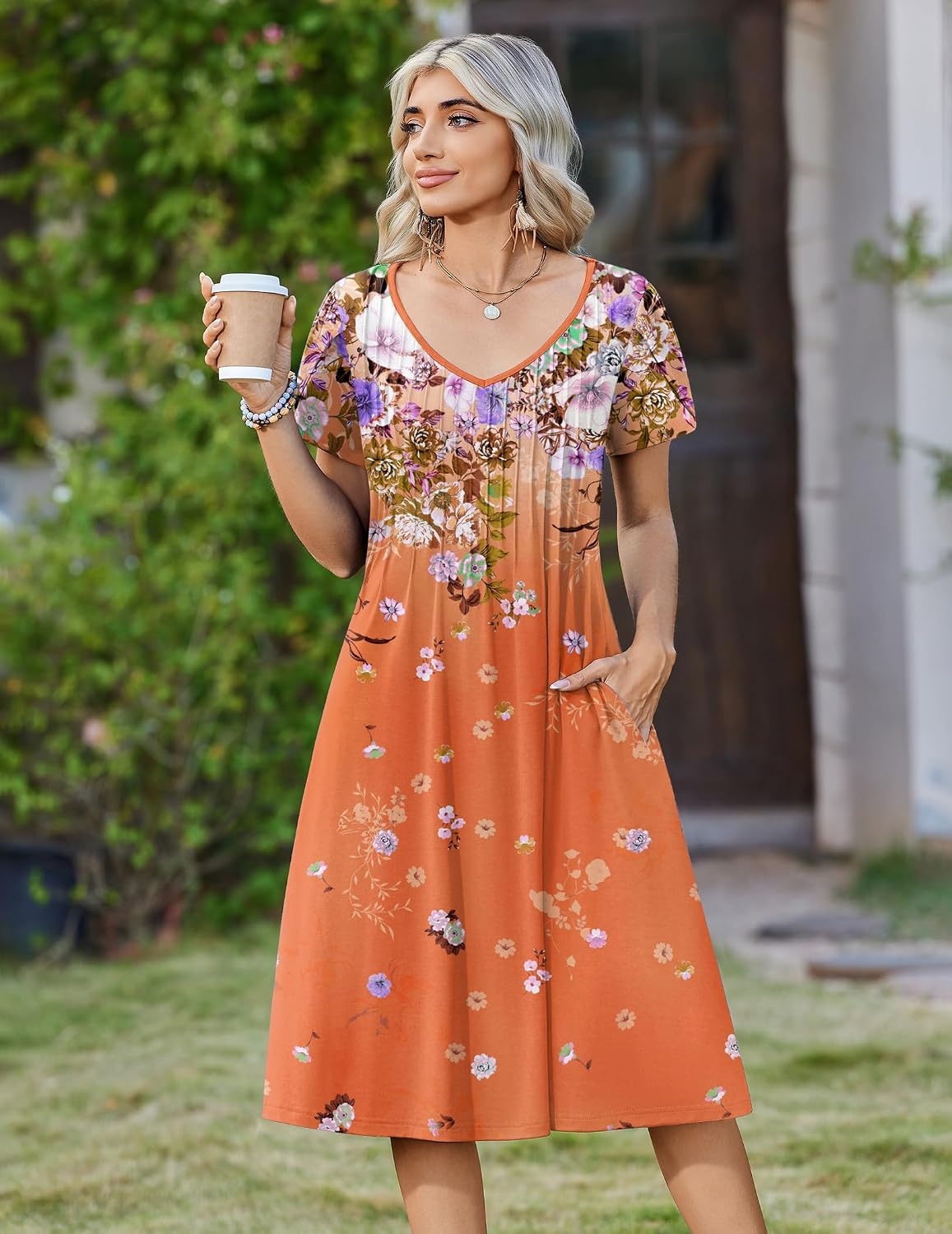 image:imageZeagoo Womens Casual Summer Dress 2026 Short Sleeve Dresses Pleats Midi A Line Flowy Dress Boho Beach Sundress with PocketsGradient Orange