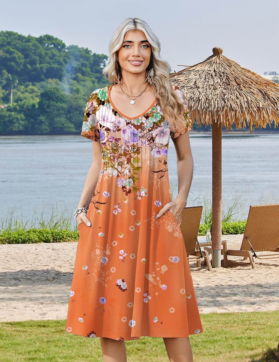 image:imageZeagoo Womens Casual Summer Dress 2026 Short Sleeve Dresses Pleats Midi A Line Flowy Dress Boho Beach Sundress with PocketsGradient Orange