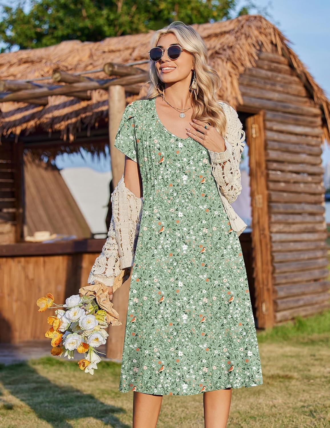 image:imageZeagoo Womens Casual Summer Dress 2026 Short Sleeve Dresses Pleats Midi A Line Flowy Dress Boho Beach Sundress with PocketsGreen Floral