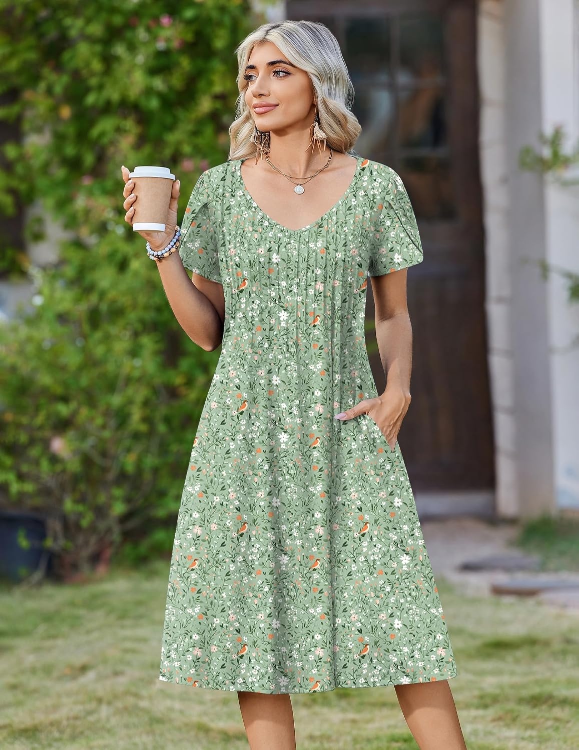 image:imageZeagoo Womens Casual Summer Dress 2026 Short Sleeve Dresses Pleats Midi A Line Flowy Dress Boho Beach Sundress with PocketsGreen Floral