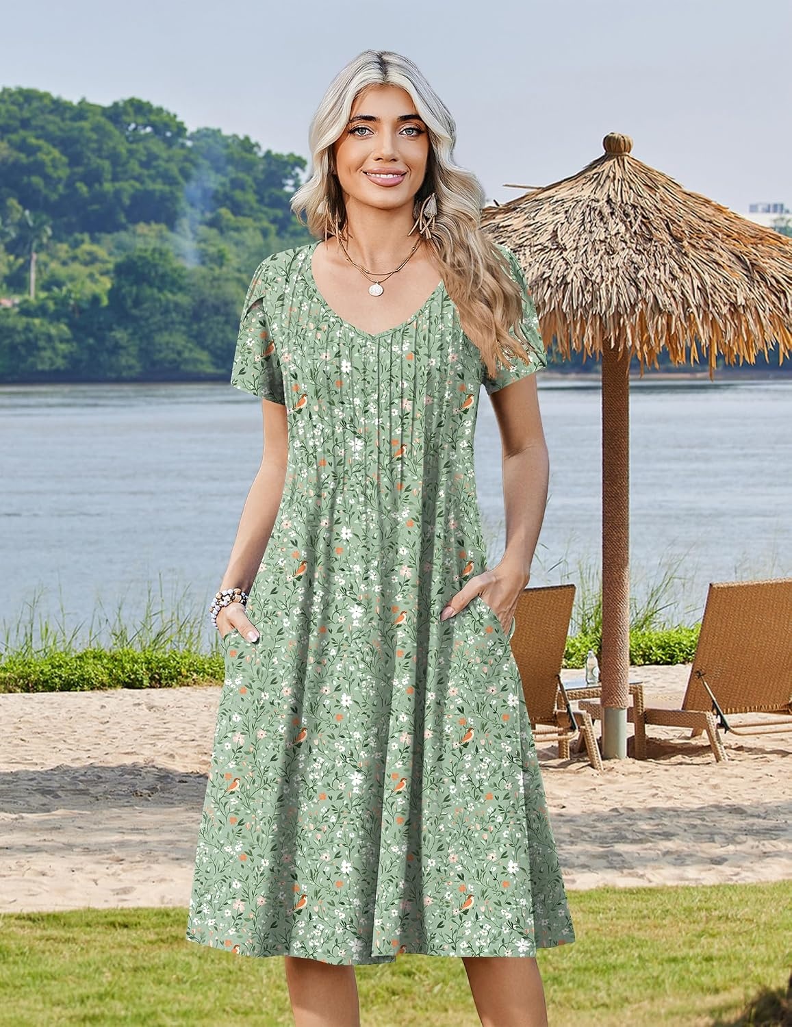 image:imageZeagoo Womens Casual Summer Dress 2026 Short Sleeve Dresses Pleats Midi A Line Flowy Dress Boho Beach Sundress with PocketsGreen Floral