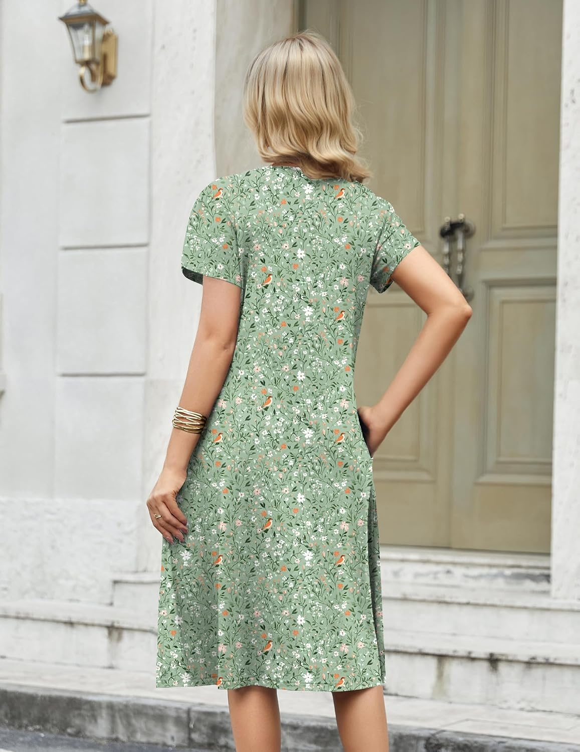 image:imageZeagoo Womens Casual Summer Dress 2026 Short Sleeve Dresses Pleats Midi A Line Flowy Dress Boho Beach Sundress with PocketsGreen Floral