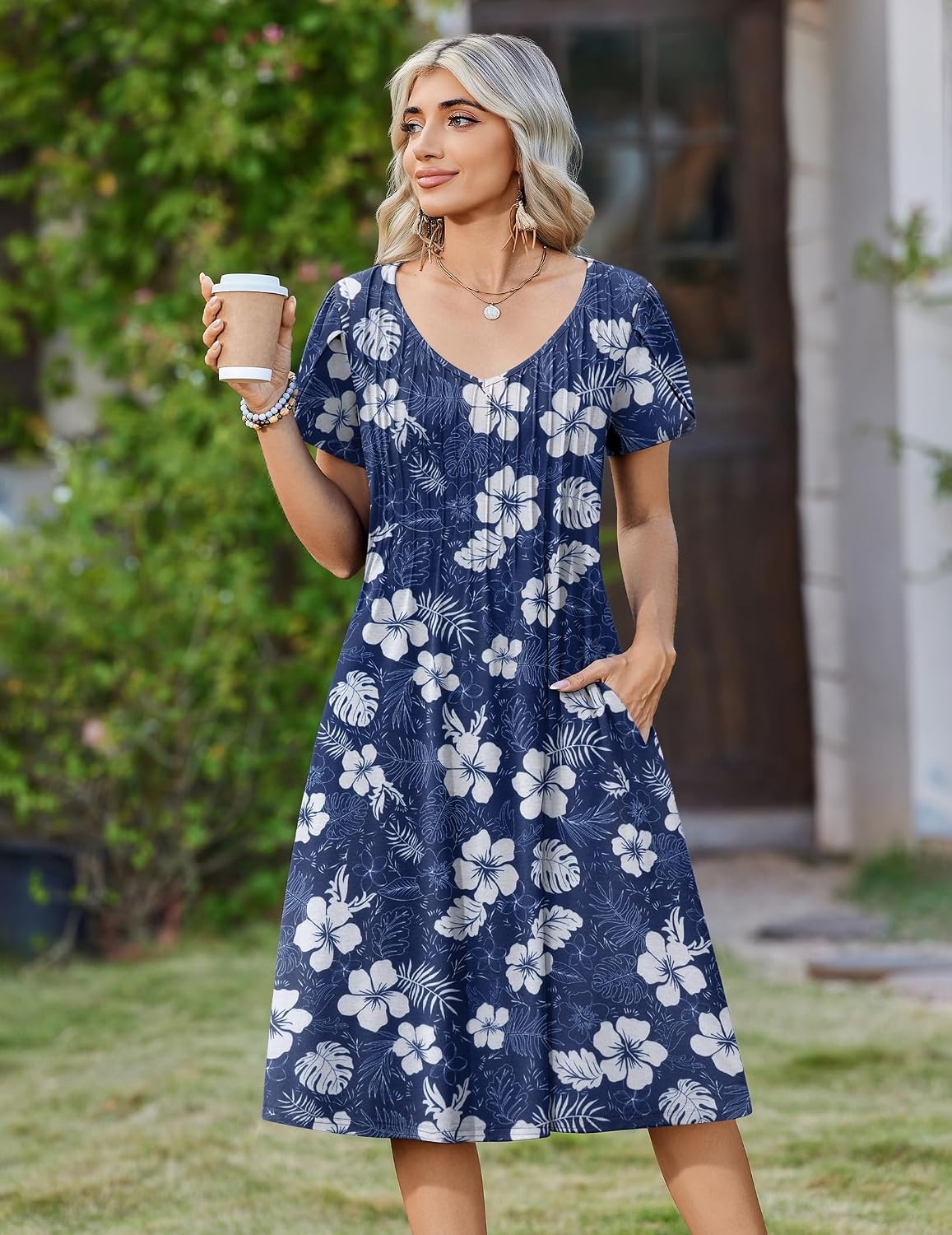 image:imageZeagoo Womens Casual Summer Dress 2026 Short Sleeve Dresses Pleats Midi A Line Flowy Dress Boho Beach Sundress with PocketsHawaii Floral