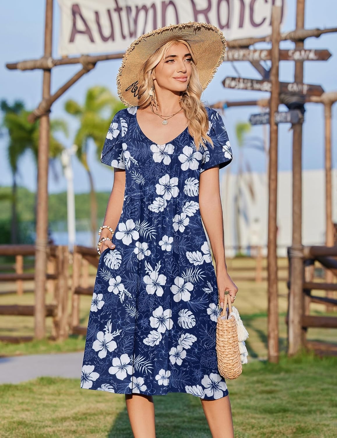 image:imageZeagoo Womens Casual Summer Dress 2026 Short Sleeve Dresses Pleats Midi A Line Flowy Dress Boho Beach Sundress with PocketsHawaii Floral
