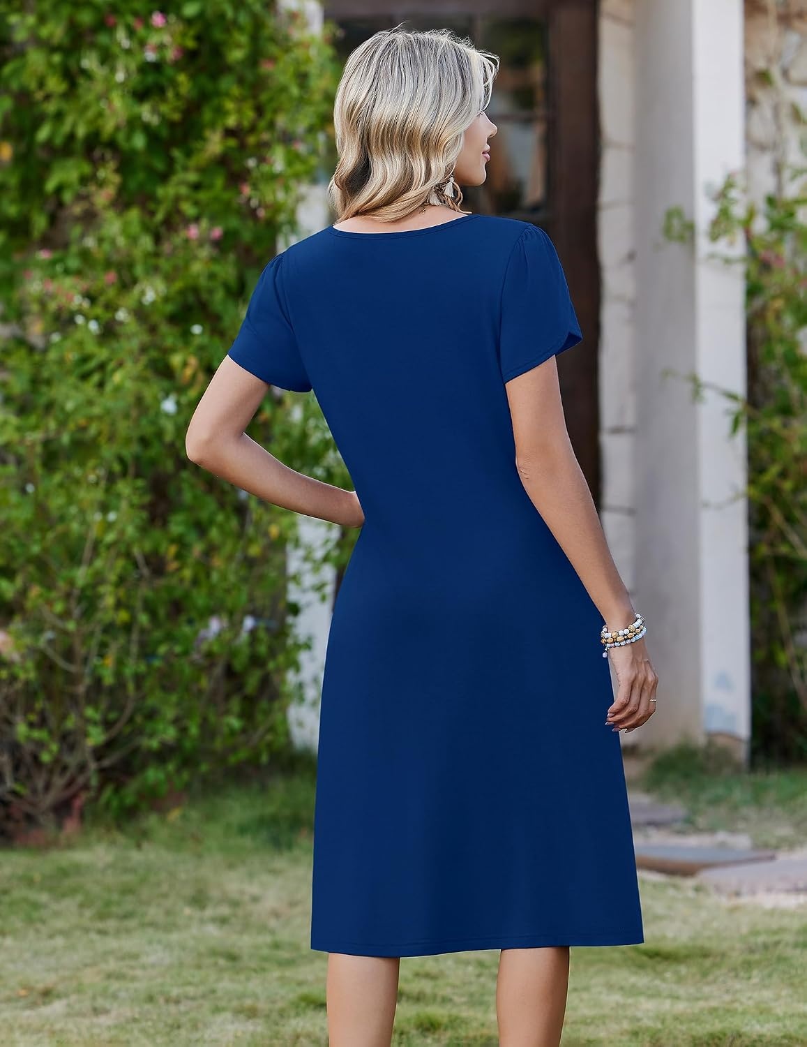 image:imageZeagoo Womens Casual Summer Dress 2026 Short Sleeve Dresses Pleats Midi A Line Flowy Dress Boho Beach Sundress with PocketsNavy Blue
