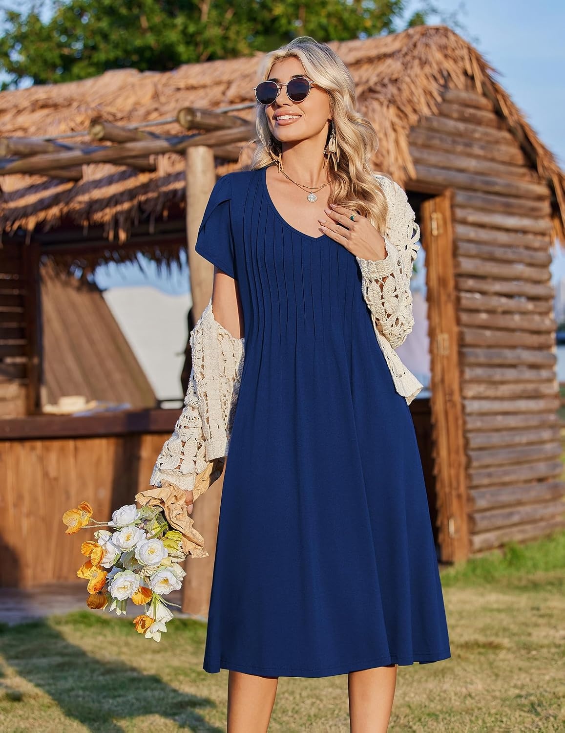 image:imageZeagoo Womens Casual Summer Dress 2026 Short Sleeve Dresses Pleats Midi A Line Flowy Dress Boho Beach Sundress with PocketsNavy Blue
