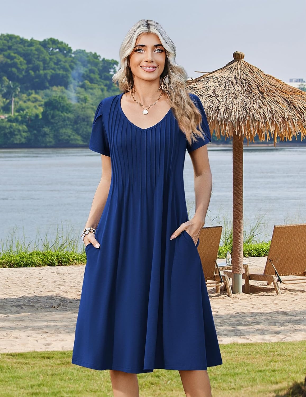 image:imageZeagoo Womens Casual Summer Dress 2026 Short Sleeve Dresses Pleats Midi A Line Flowy Dress Boho Beach Sundress with PocketsNavy Blue