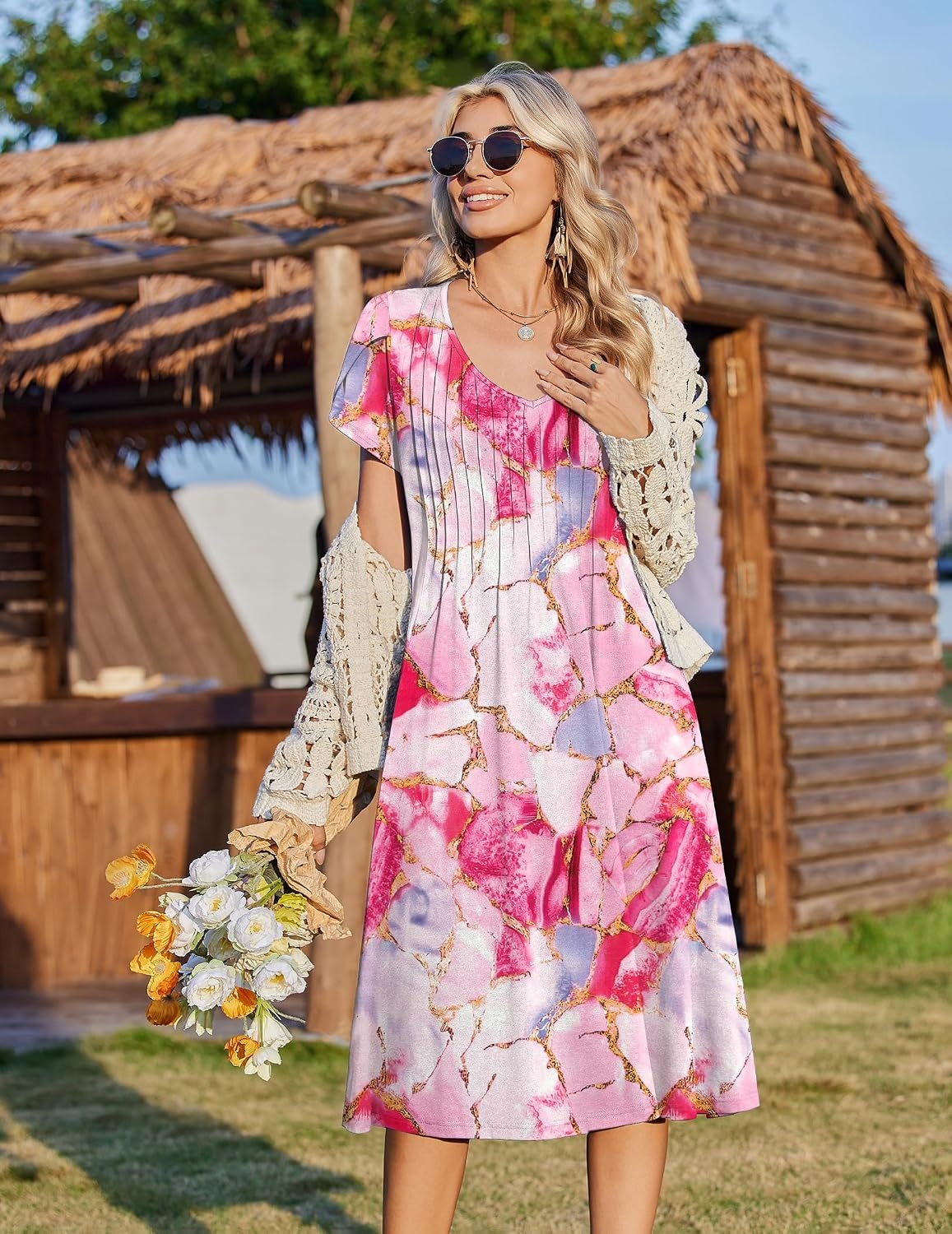 image:imageZeagoo Womens Casual Summer Dress 2026 Short Sleeve Dresses Pleats Midi A Line Flowy Dress Boho Beach Sundress with PocketsPatternpink