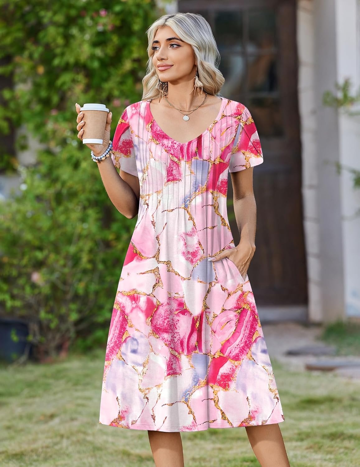 image:imageZeagoo Womens Casual Summer Dress 2026 Short Sleeve Dresses Pleats Midi A Line Flowy Dress Boho Beach Sundress with PocketsPatternpink