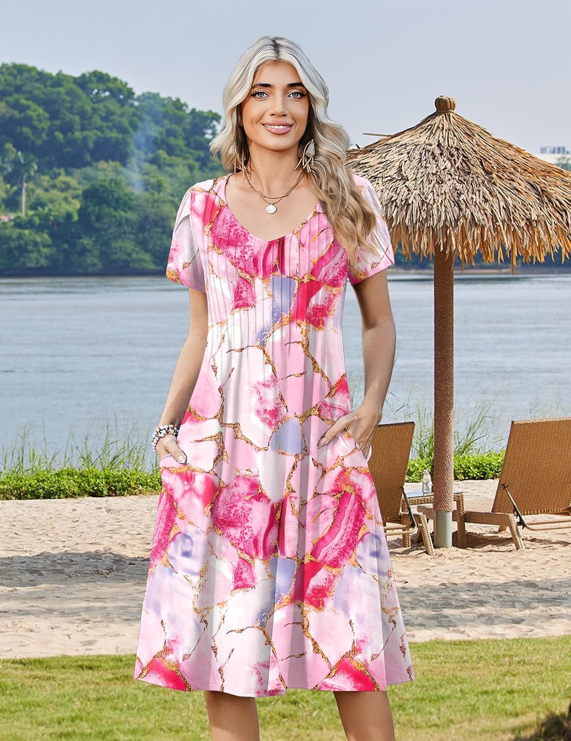 image:imageZeagoo Womens Casual Summer Dress 2026 Short Sleeve Dresses Pleats Midi A Line Flowy Dress Boho Beach Sundress with PocketsPatternpink