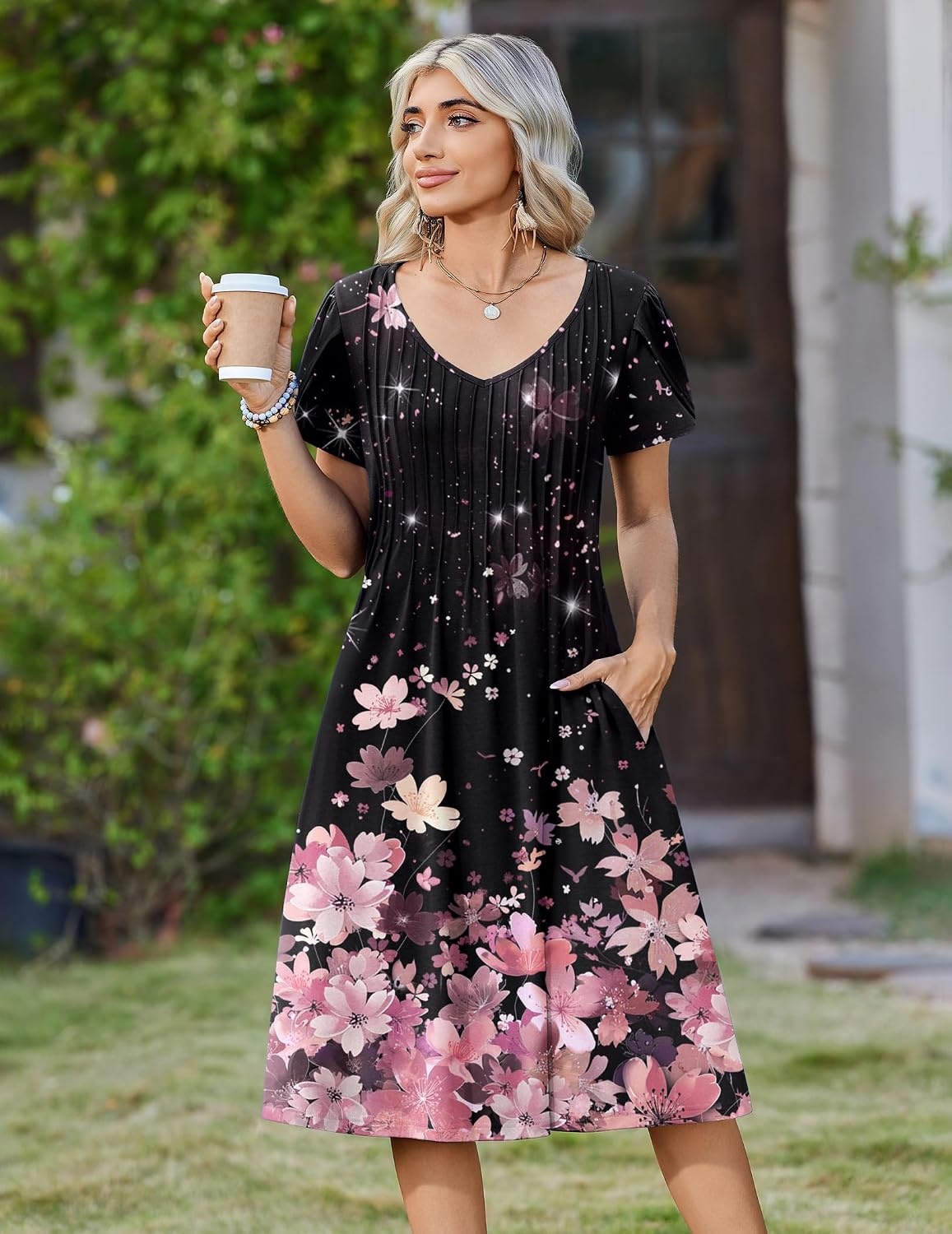 image:imageZeagoo Womens Casual Summer Dress 2026 Short Sleeve Dresses Pleats Midi A Line Flowy Dress Boho Beach Sundress with PocketsPink Black