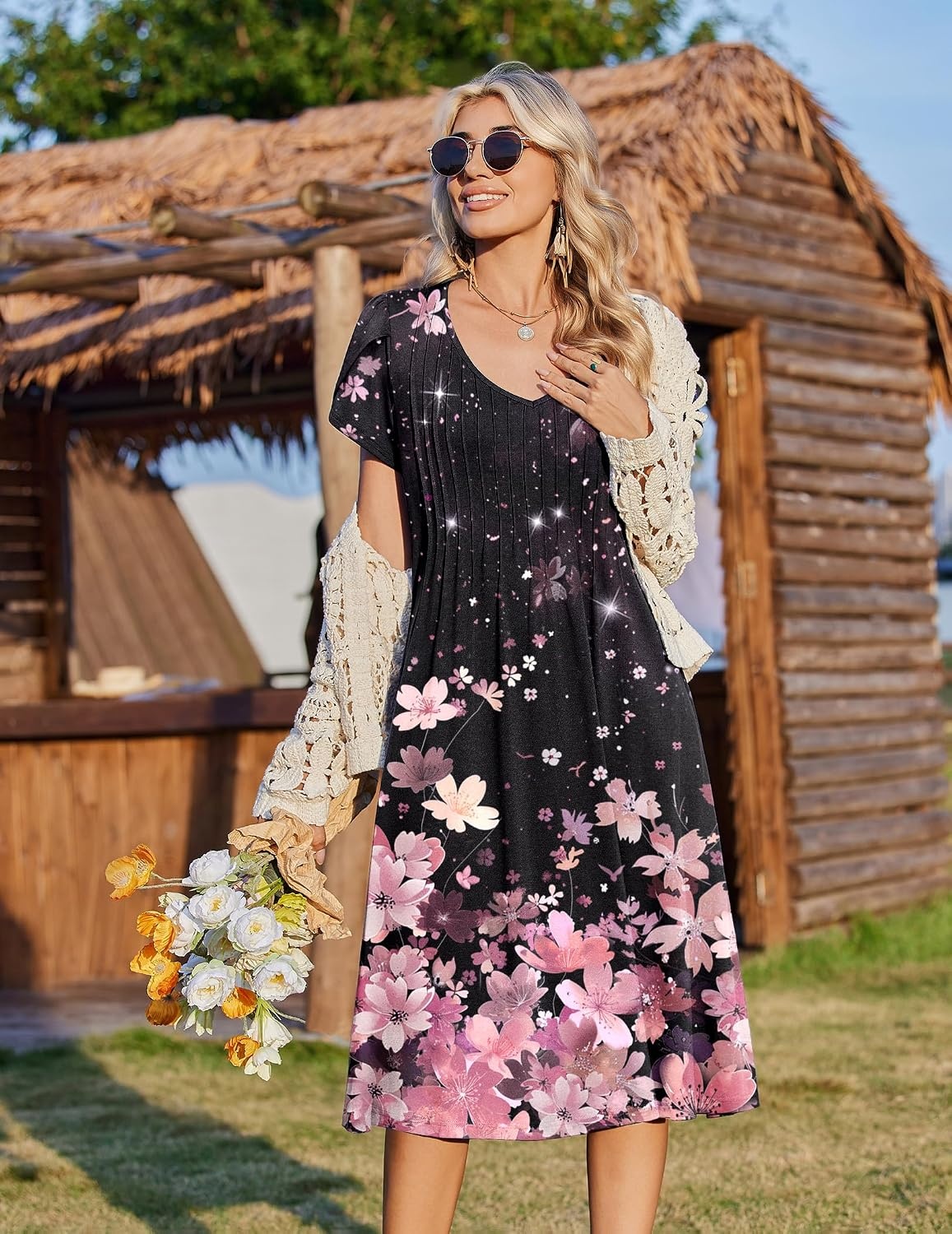 image:imageZeagoo Womens Casual Summer Dress 2026 Short Sleeve Dresses Pleats Midi A Line Flowy Dress Boho Beach Sundress with PocketsPink Black