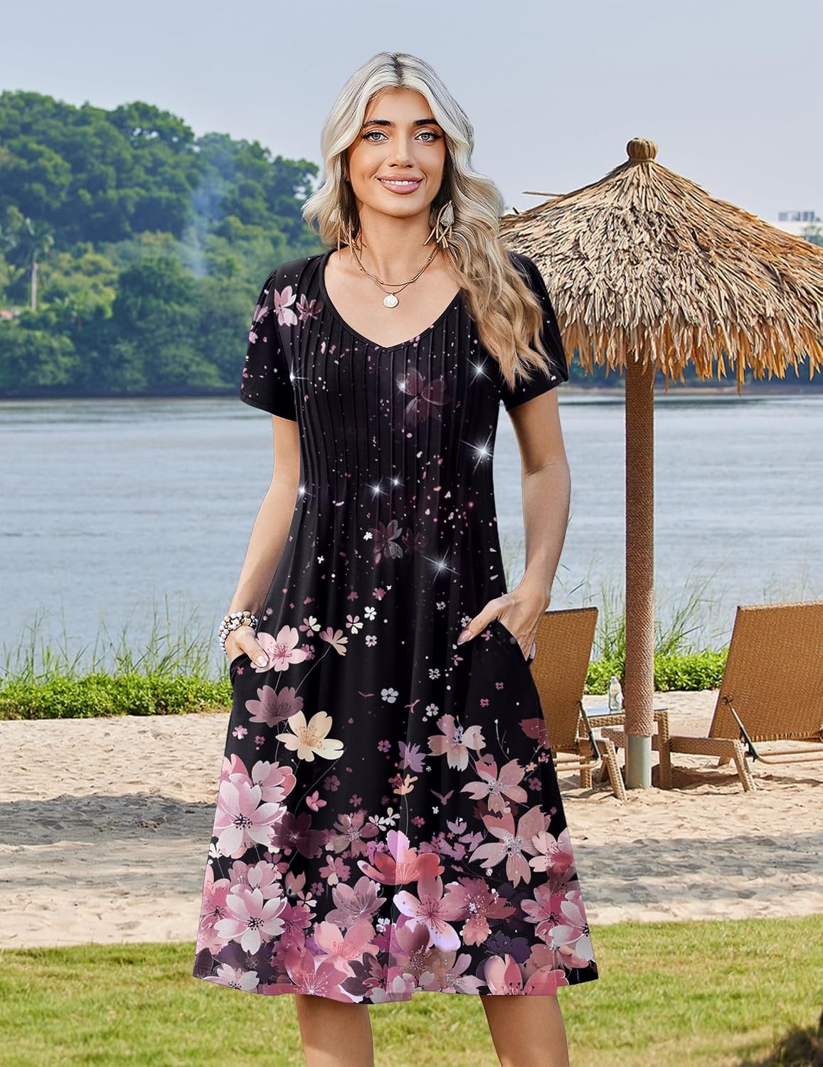 image:imageZeagoo Womens Casual Summer Dress 2026 Short Sleeve Dresses Pleats Midi A Line Flowy Dress Boho Beach Sundress with PocketsPink Black