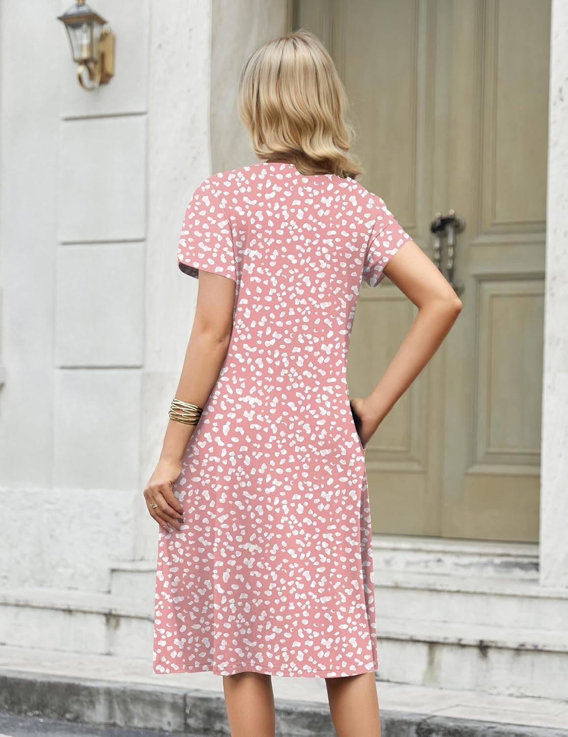 image:imageZeagoo Womens Casual Summer Dress 2026 Short Sleeve Dresses Pleats Midi A Line Flowy Dress Boho Beach Sundress with PocketsPink White
