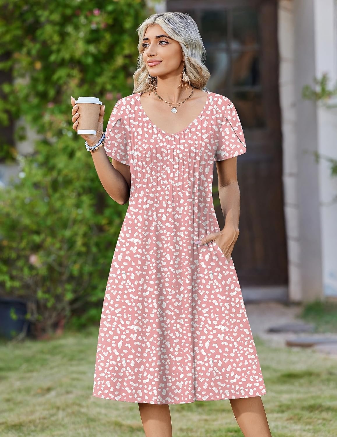 image:imageZeagoo Womens Casual Summer Dress 2026 Short Sleeve Dresses Pleats Midi A Line Flowy Dress Boho Beach Sundress with PocketsPink White