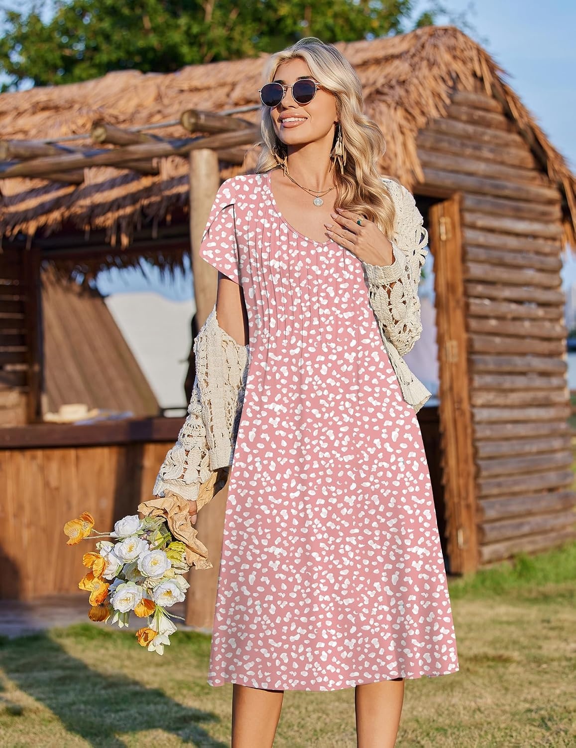 image:imageZeagoo Womens Casual Summer Dress 2026 Short Sleeve Dresses Pleats Midi A Line Flowy Dress Boho Beach Sundress with PocketsPink White