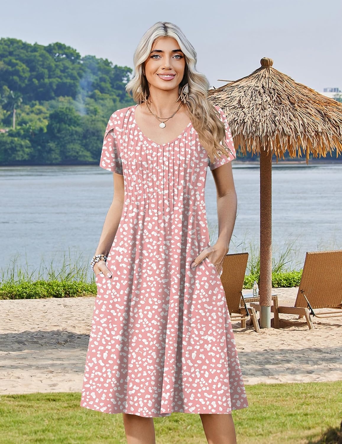 image:imageZeagoo Womens Casual Summer Dress 2026 Short Sleeve Dresses Pleats Midi A Line Flowy Dress Boho Beach Sundress with PocketsPink White
