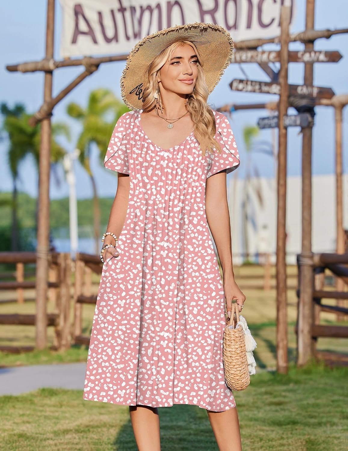 image:imageZeagoo Womens Casual Summer Dress 2026 Short Sleeve Dresses Pleats Midi A Line Flowy Dress Boho Beach Sundress with PocketsPink White
