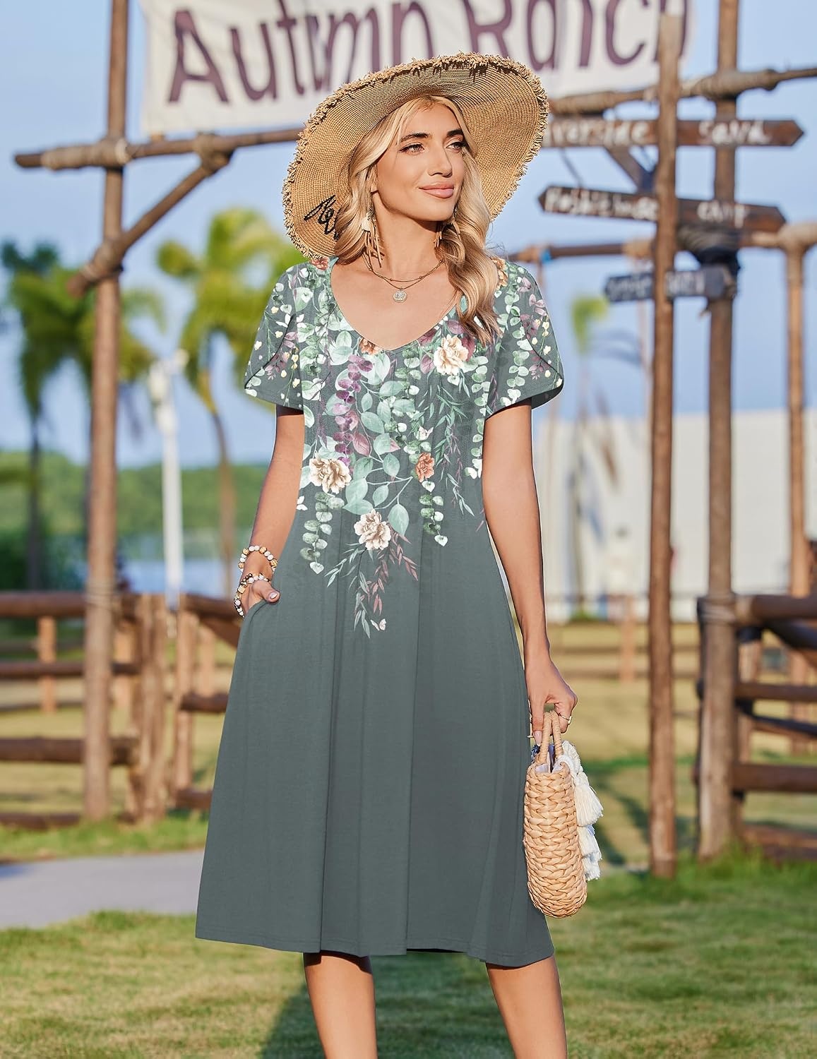 image:imageZeagoo Womens Casual Summer Dress 2026 Short Sleeve Dresses Pleats Midi A Line Flowy Dress Boho Beach Sundress with PocketsPlants Gray