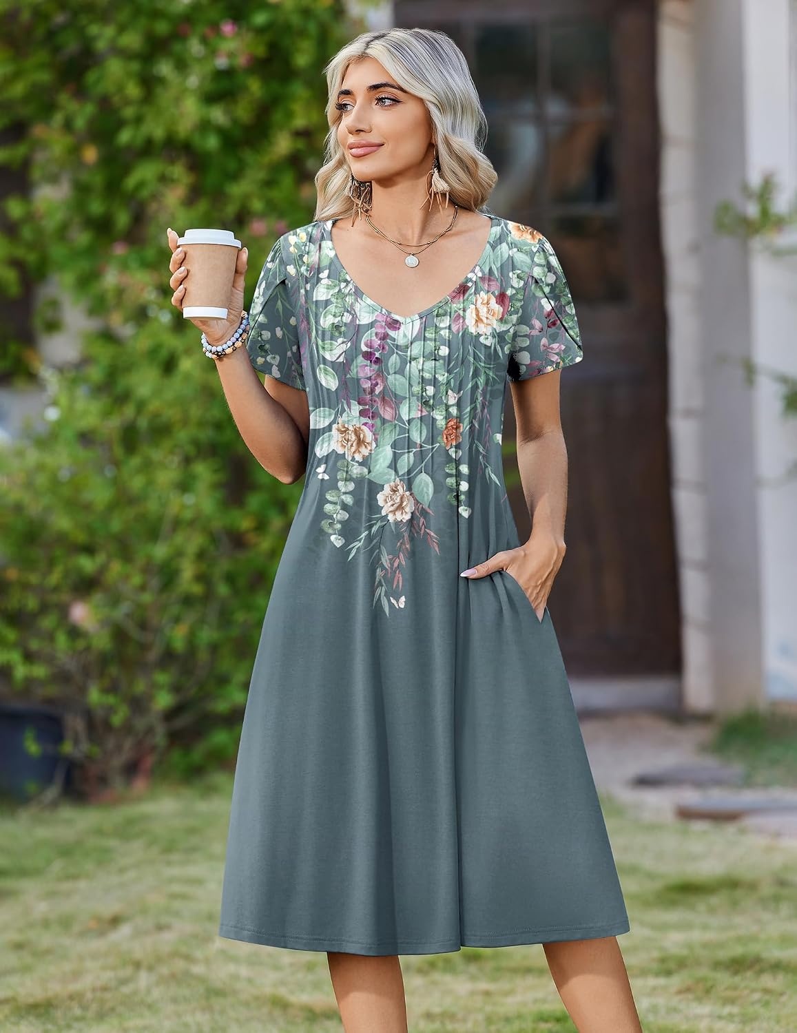 image:imageZeagoo Womens Casual Summer Dress 2026 Short Sleeve Dresses Pleats Midi A Line Flowy Dress Boho Beach Sundress with PocketsPlants Gray