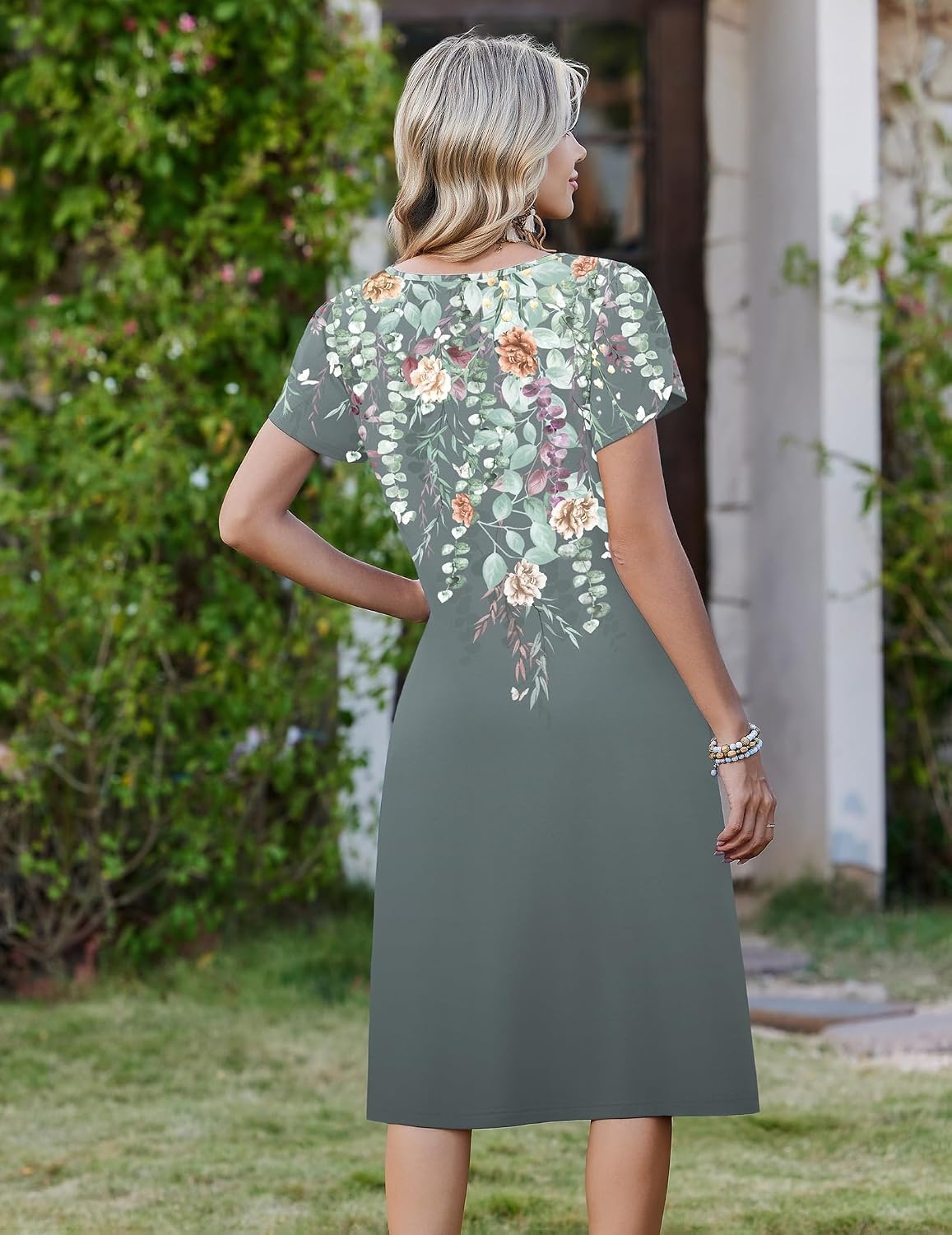 image:imageZeagoo Womens Casual Summer Dress 2026 Short Sleeve Dresses Pleats Midi A Line Flowy Dress Boho Beach Sundress with PocketsPlants Gray