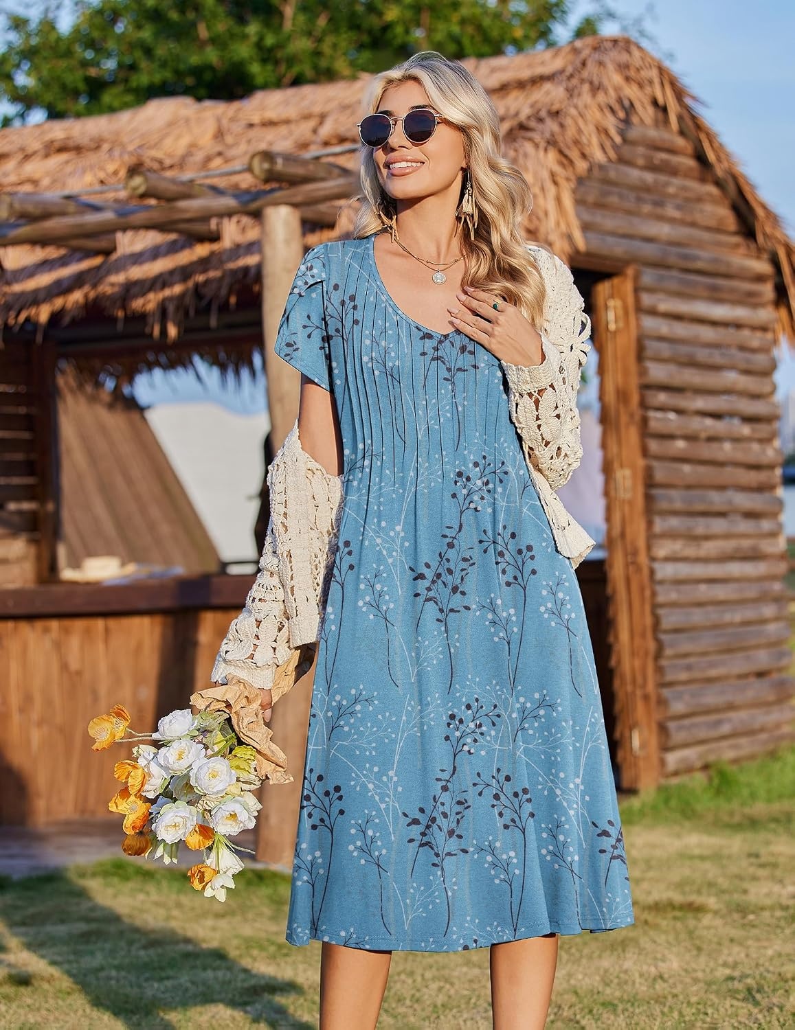 image:imageZeagoo Womens Casual Summer Dress 2026 Short Sleeve Dresses Pleats Midi A Line Flowy Dress Boho Beach Sundress with PocketsPlantsblue