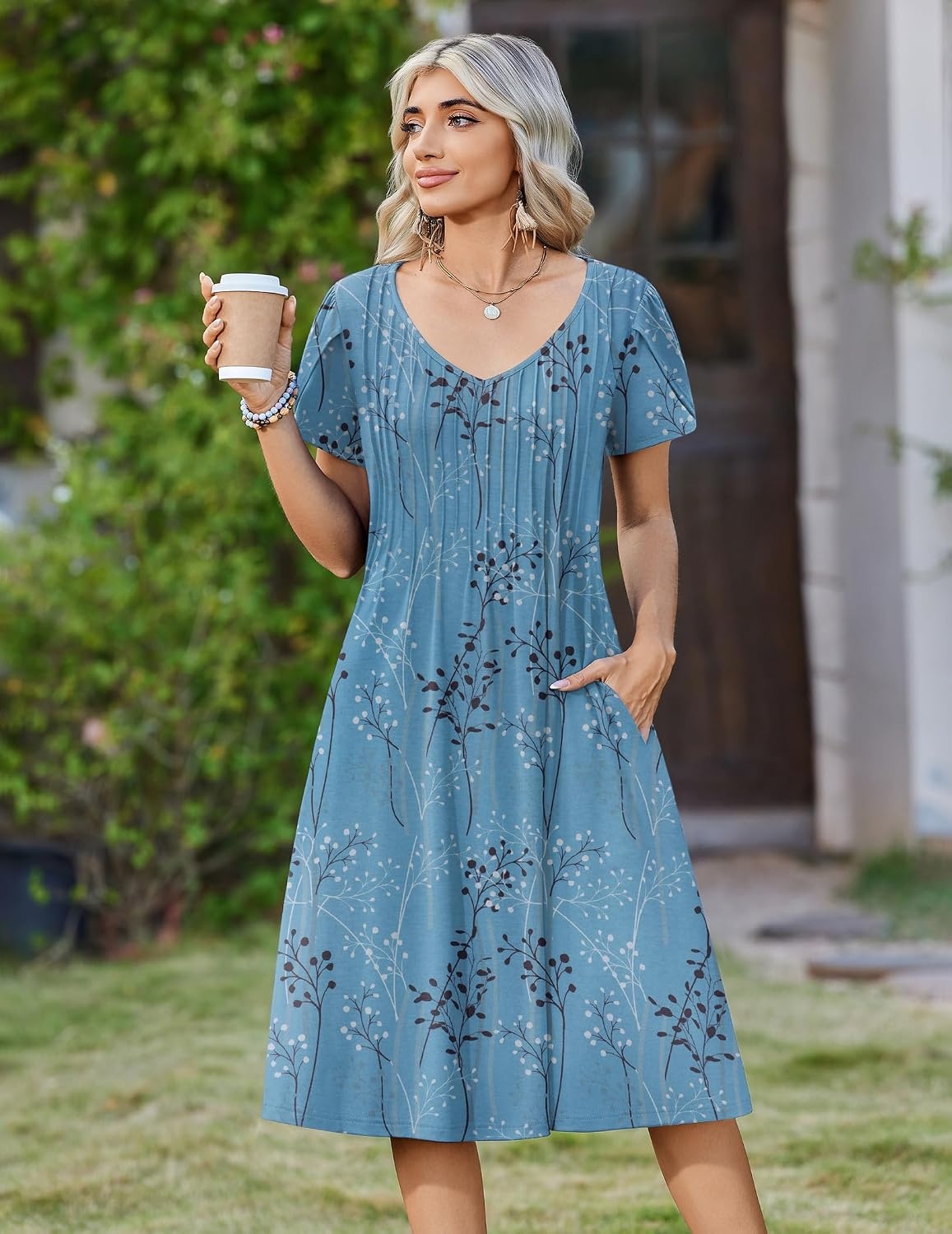 image:imageZeagoo Womens Casual Summer Dress 2026 Short Sleeve Dresses Pleats Midi A Line Flowy Dress Boho Beach Sundress with PocketsPlantsblue