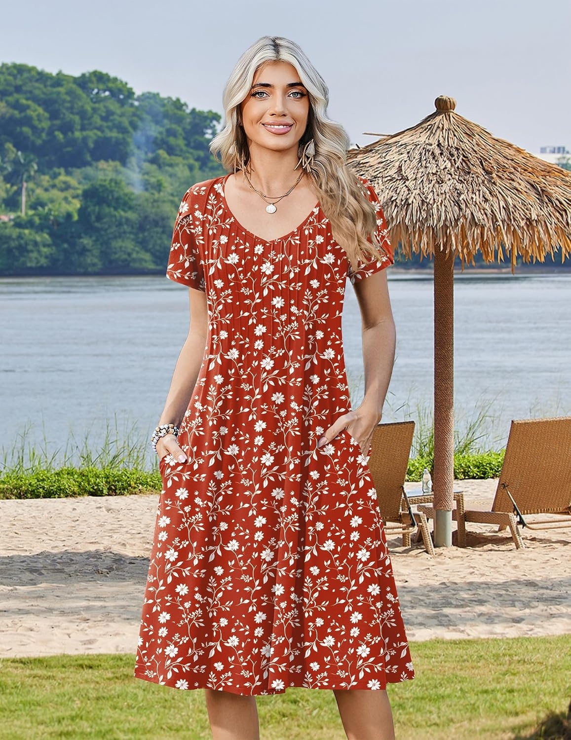 image:imageZeagoo Womens Casual Summer Dress 2026 Short Sleeve Dresses Pleats Midi A Line Flowy Dress Boho Beach Sundress with PocketsRed White