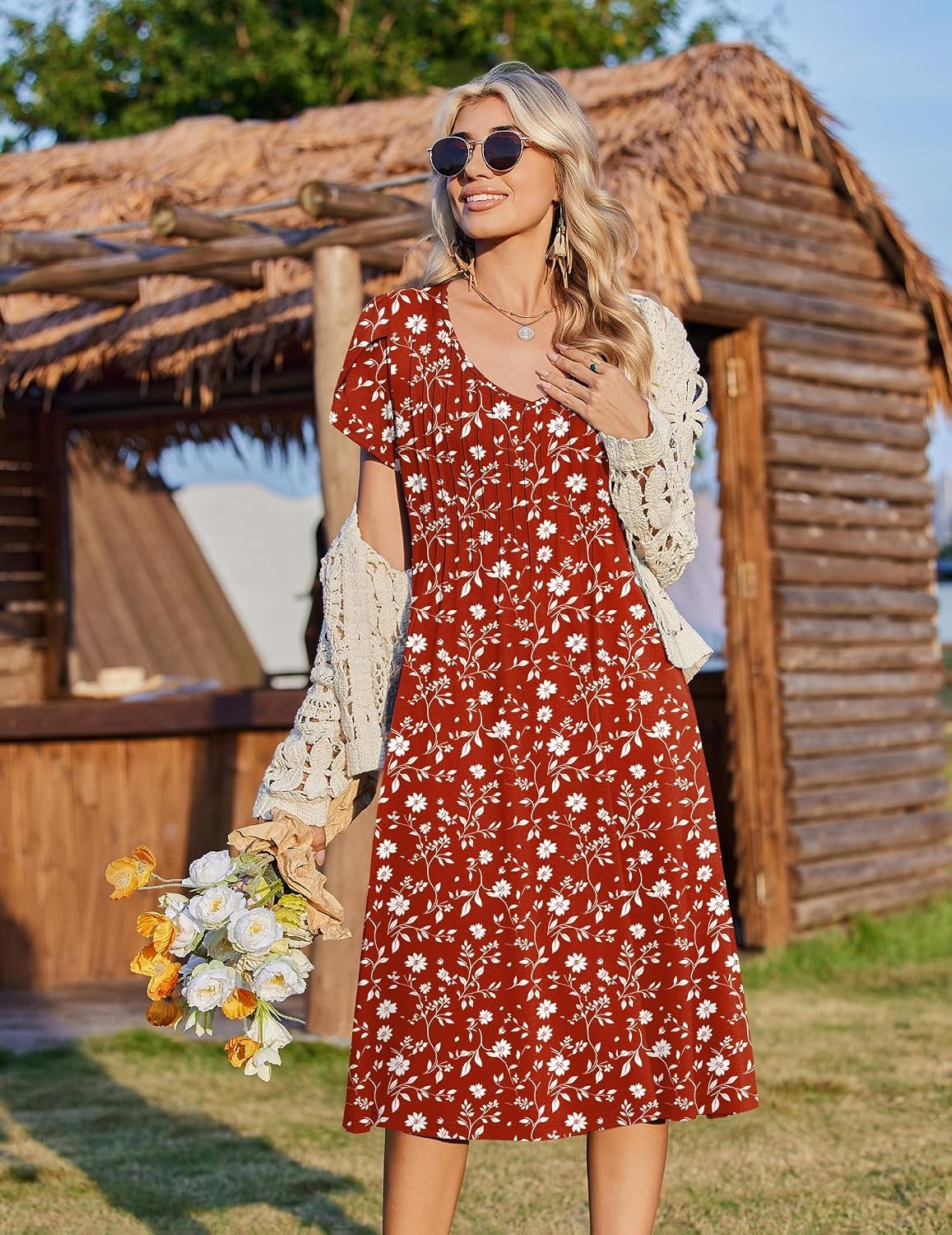 image:imageZeagoo Womens Casual Summer Dress 2026 Short Sleeve Dresses Pleats Midi A Line Flowy Dress Boho Beach Sundress with PocketsRed White