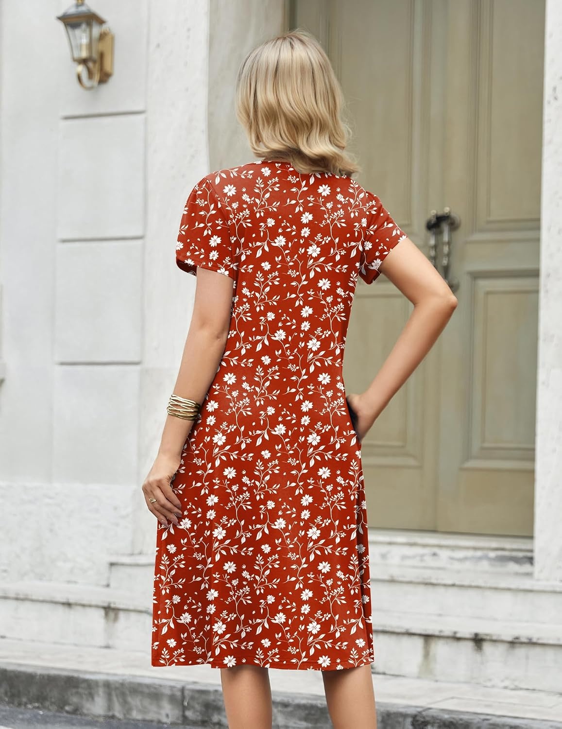 image:imageZeagoo Womens Casual Summer Dress 2026 Short Sleeve Dresses Pleats Midi A Line Flowy Dress Boho Beach Sundress with PocketsRed White