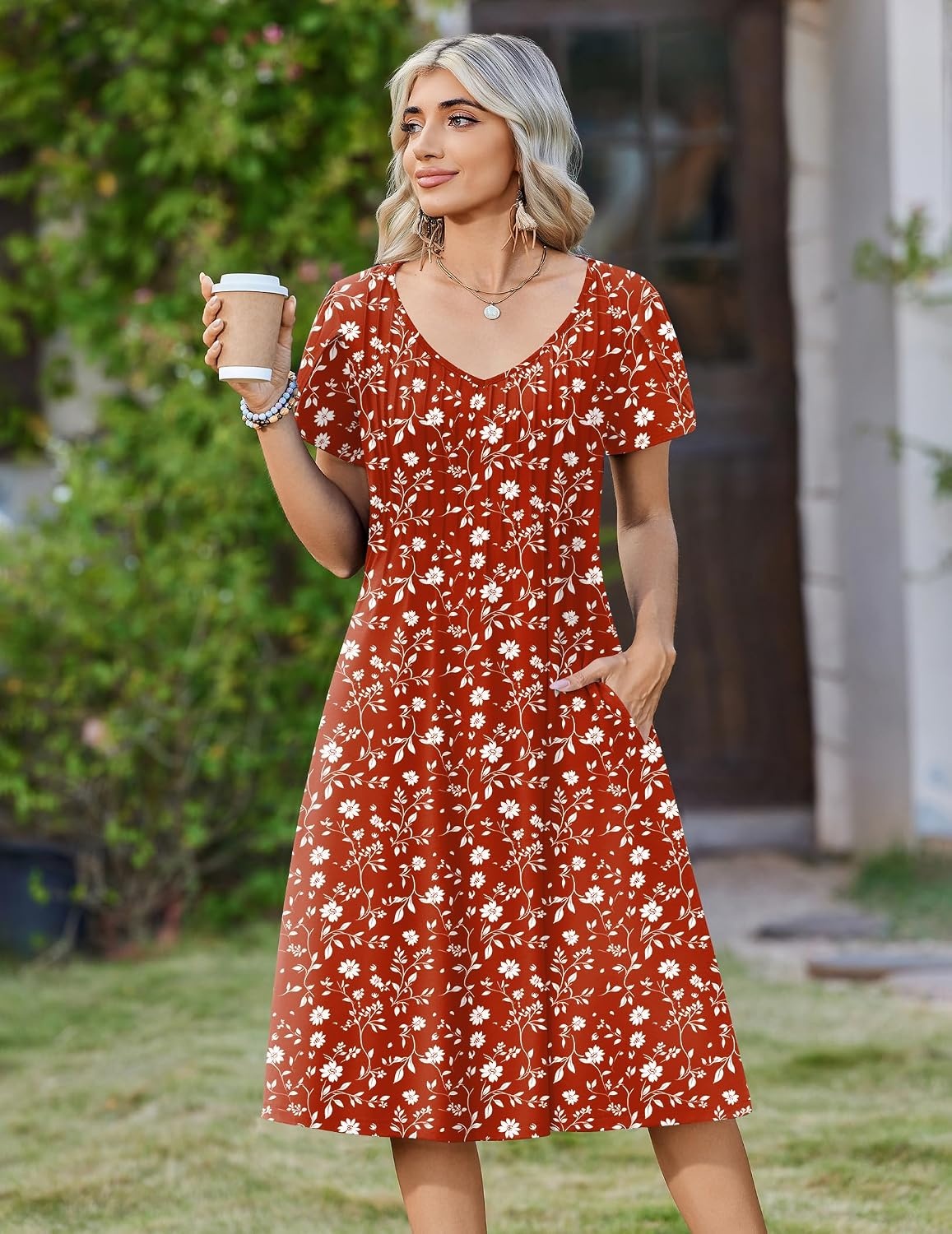 image:imageZeagoo Womens Casual Summer Dress 2026 Short Sleeve Dresses Pleats Midi A Line Flowy Dress Boho Beach Sundress with PocketsRed White