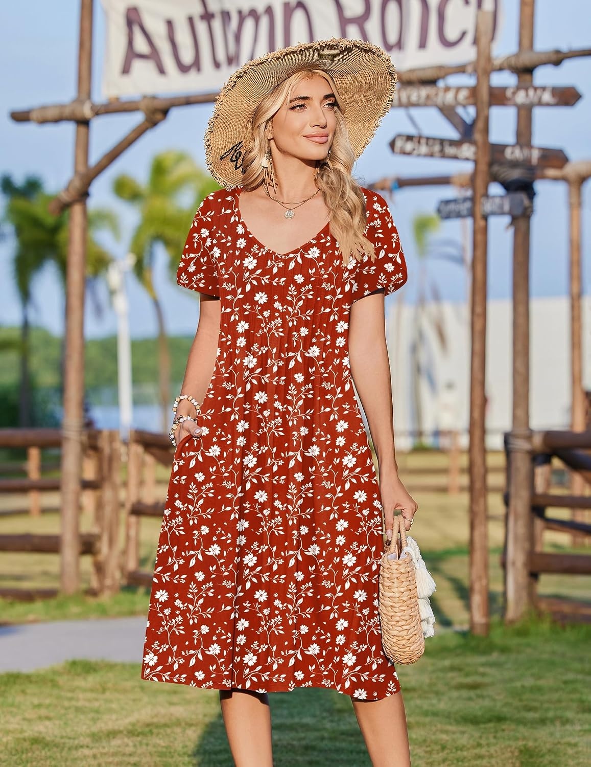 image:imageZeagoo Womens Casual Summer Dress 2026 Short Sleeve Dresses Pleats Midi A Line Flowy Dress Boho Beach Sundress with PocketsRed White