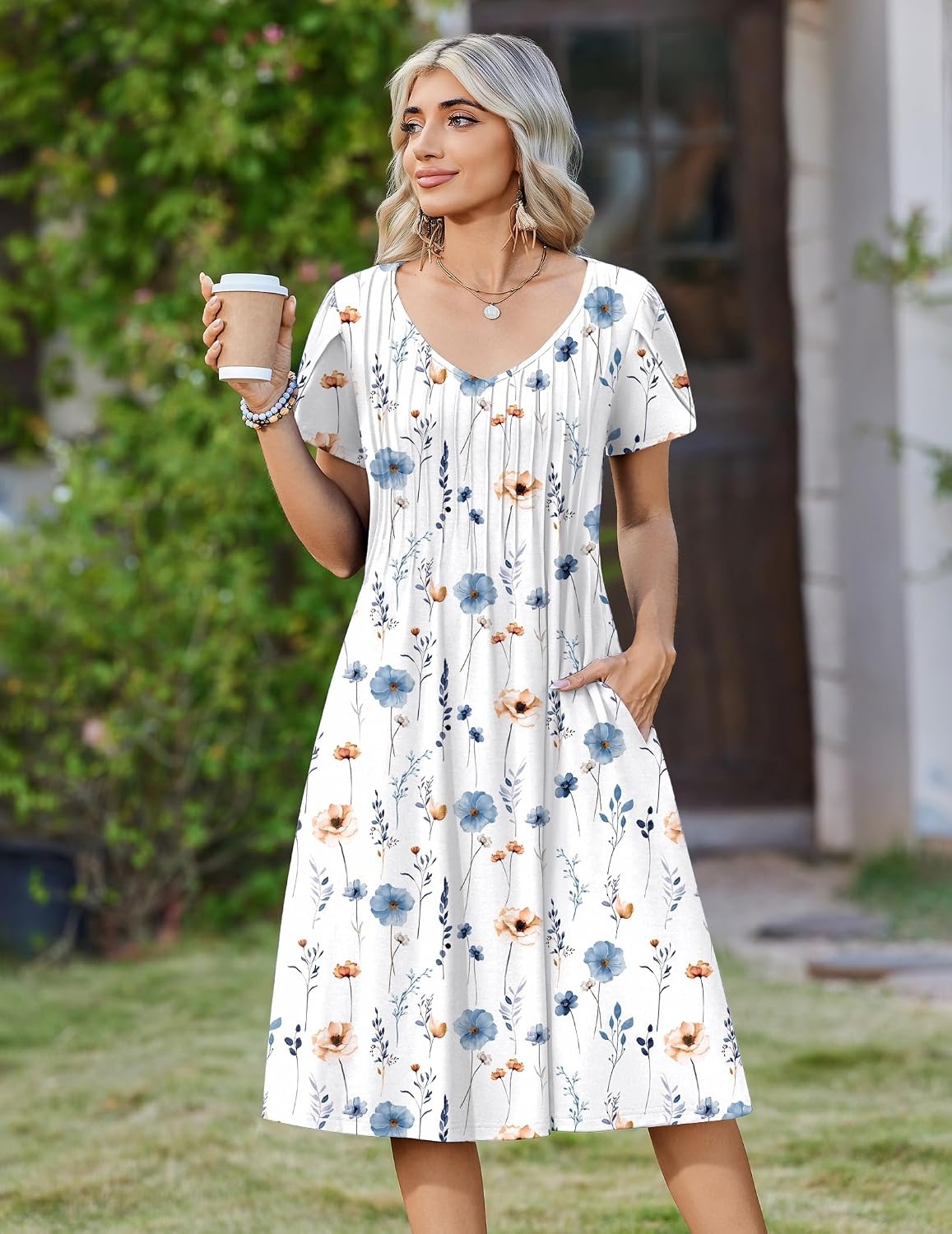 image:imageZeagoo Womens Casual Summer Dress 2026 Short Sleeve Dresses Pleats Midi A Line Flowy Dress Boho Beach Sundress with PocketsWhite Blue