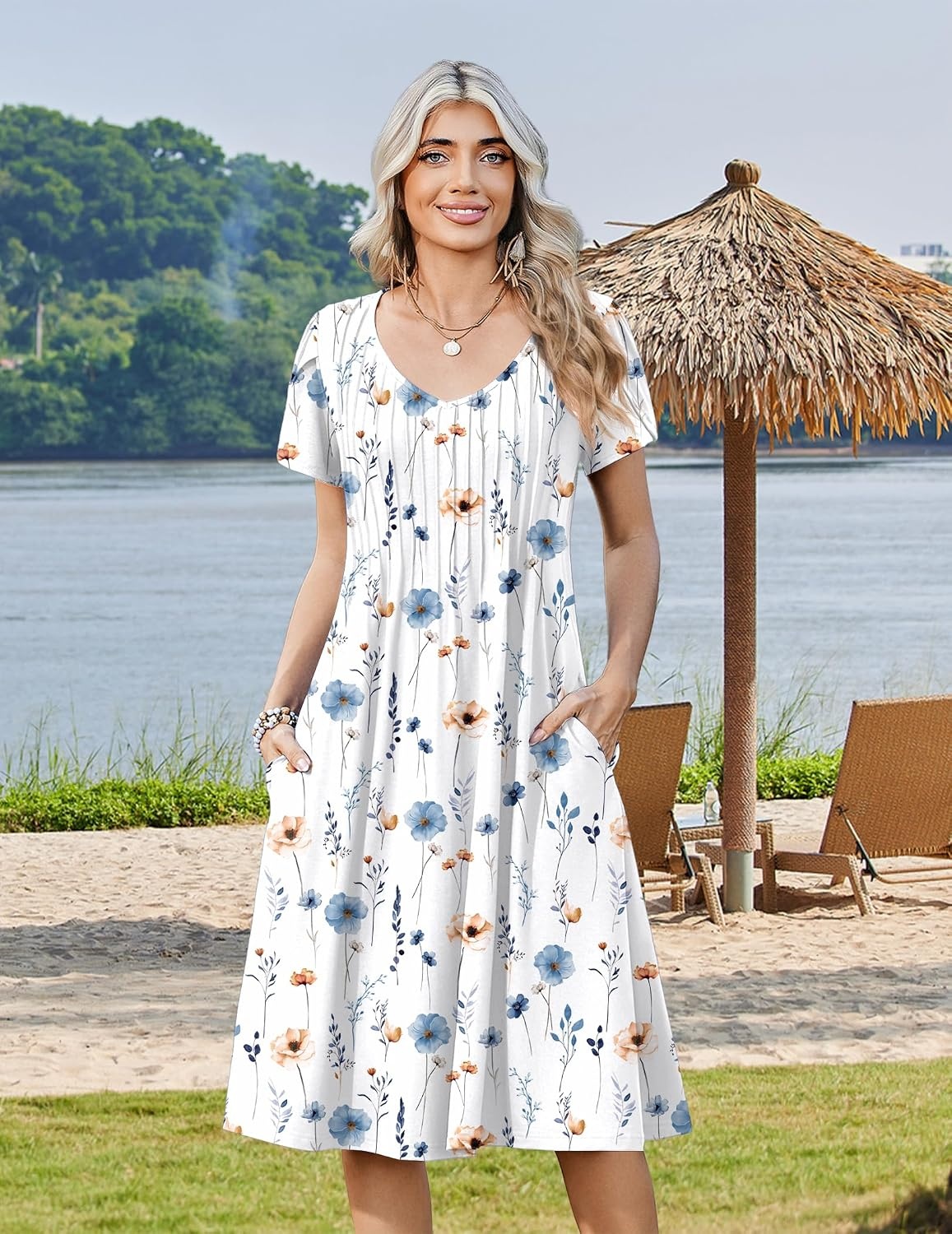 image:imageZeagoo Womens Casual Summer Dress 2026 Short Sleeve Dresses Pleats Midi A Line Flowy Dress Boho Beach Sundress with PocketsWhite Blue