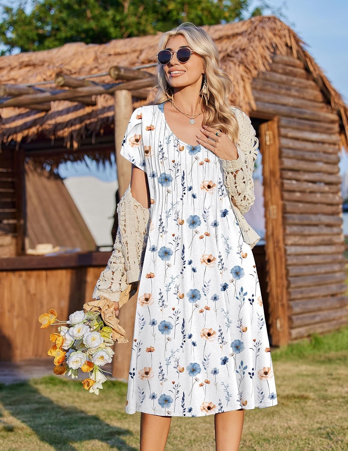 image:imageZeagoo Womens Casual Summer Dress 2026 Short Sleeve Dresses Pleats Midi A Line Flowy Dress Boho Beach Sundress with PocketsWhite Blue