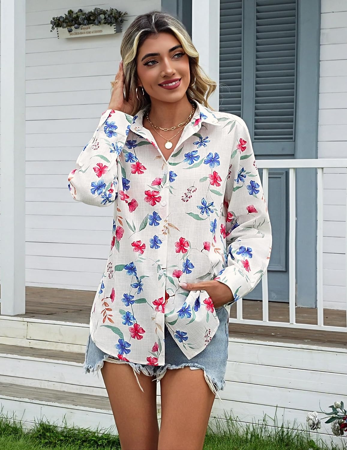 image:imageZeagoo Womens Cotton Button Down Shirts Long Sleeve Collared Blouse S3XLWf101