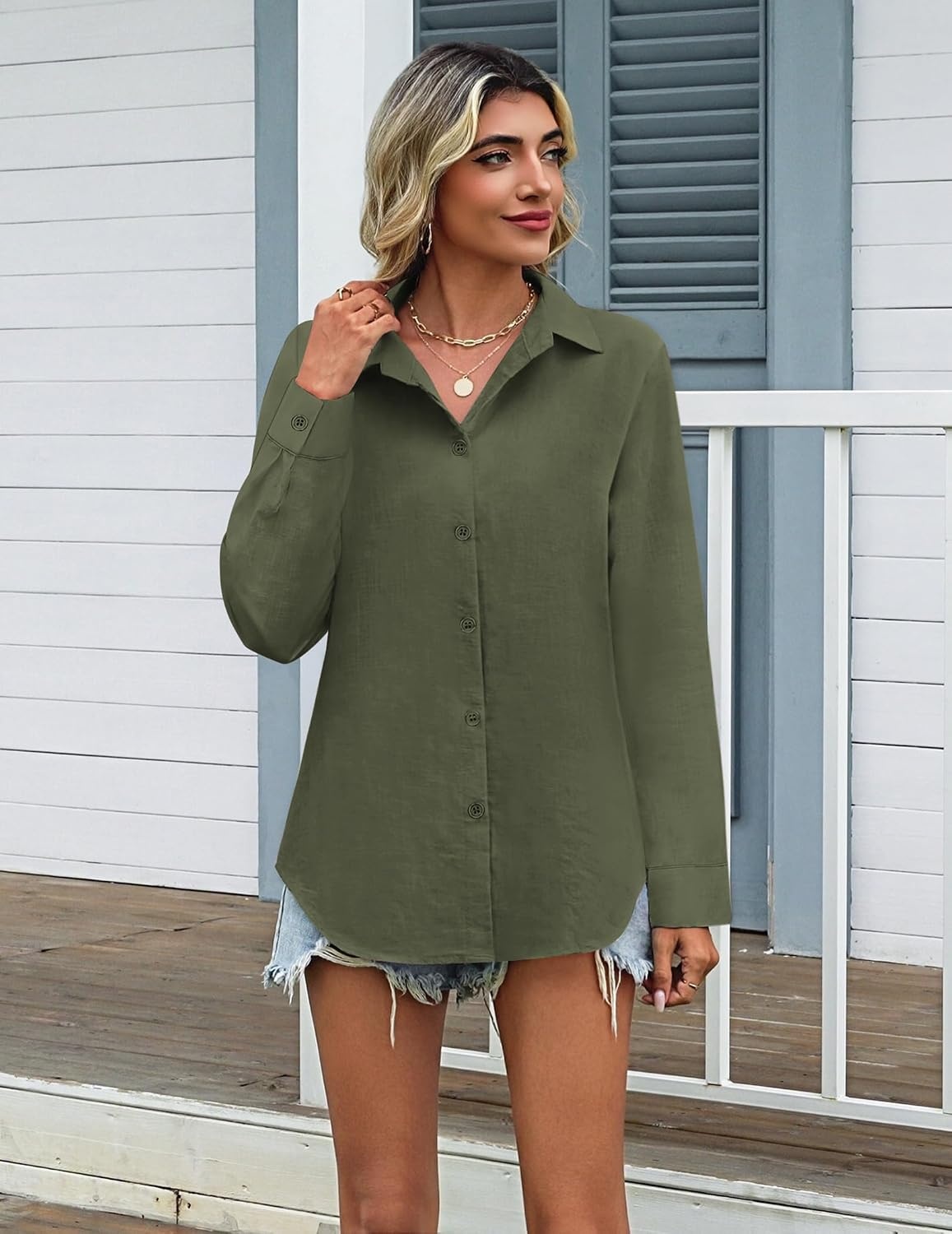 image:imageZeagoo Womens Cotton Button Down Shirts Long Sleeve Collared Blouse S3XLZarmy Green
