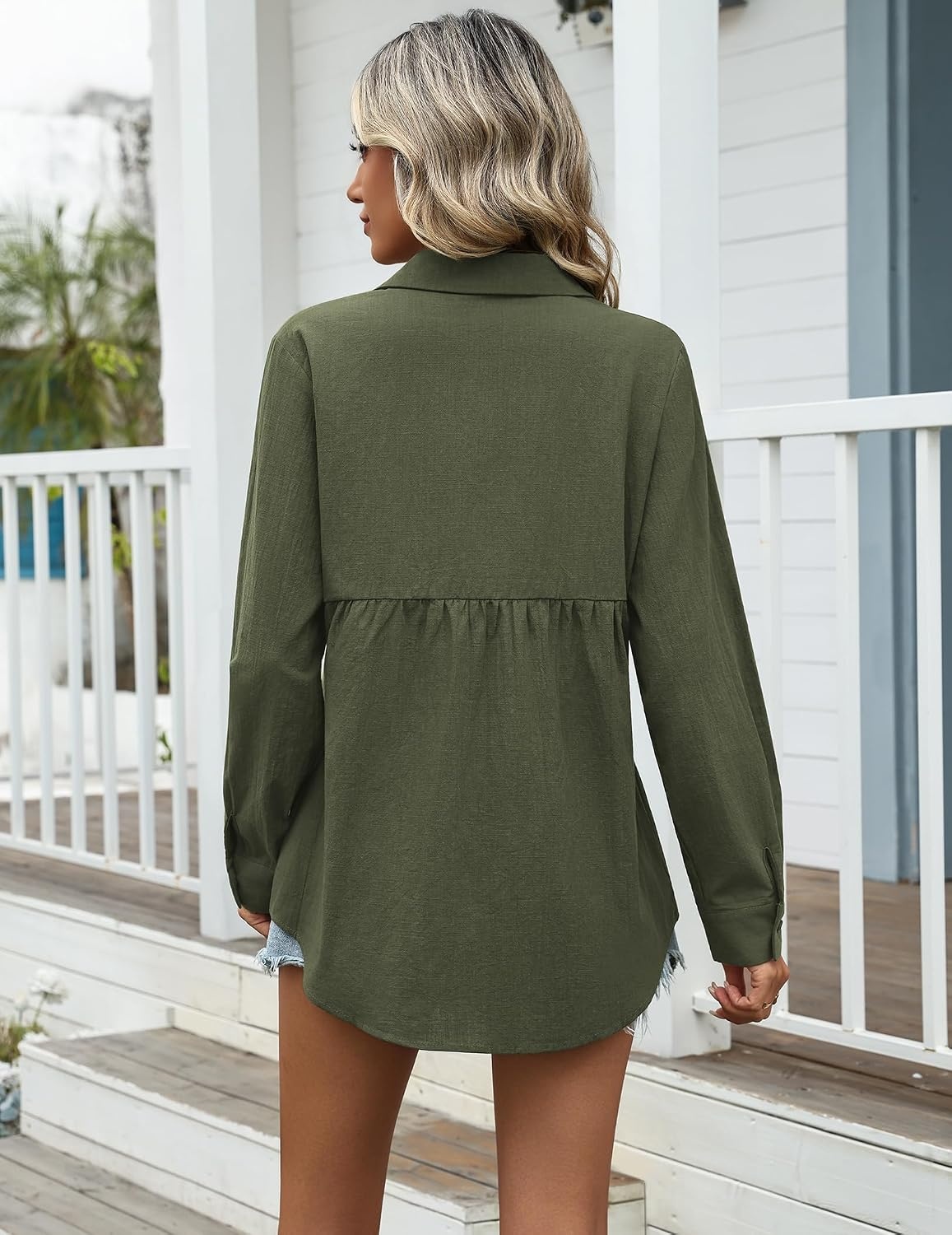 image:imageZeagoo Womens Cotton Button Down Shirts Long Sleeve Collared Blouse S3XLZarmy Green