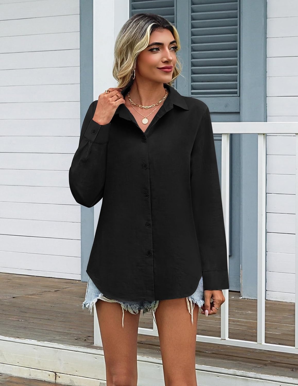 image:imageZeagoo Womens Cotton Button Down Shirts Long Sleeve Collared Blouse S3XLZblack