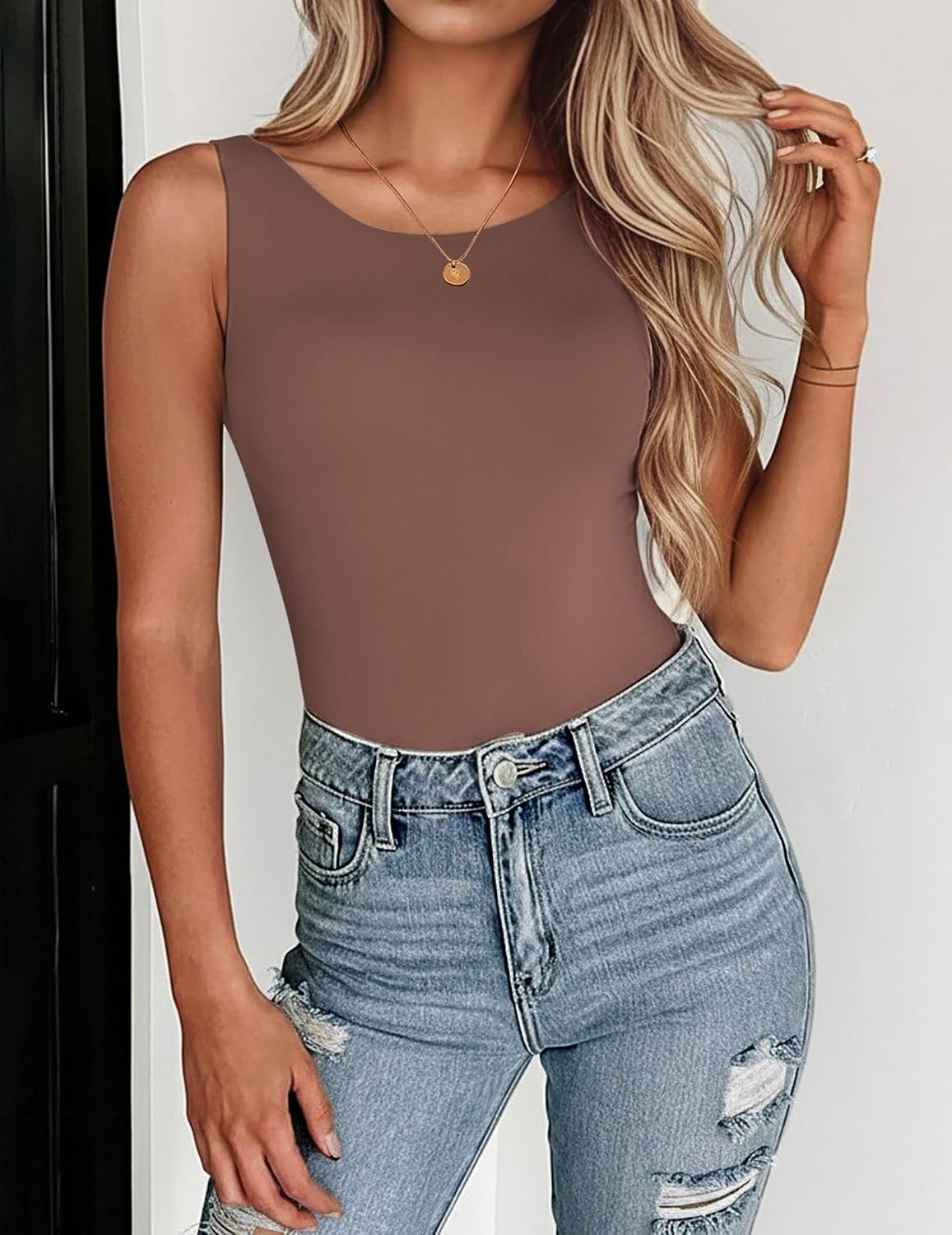 image:imageZeagoo Womens Double Lined Crew Neck Tank Tops Summer Sleeveless ClothesBrown