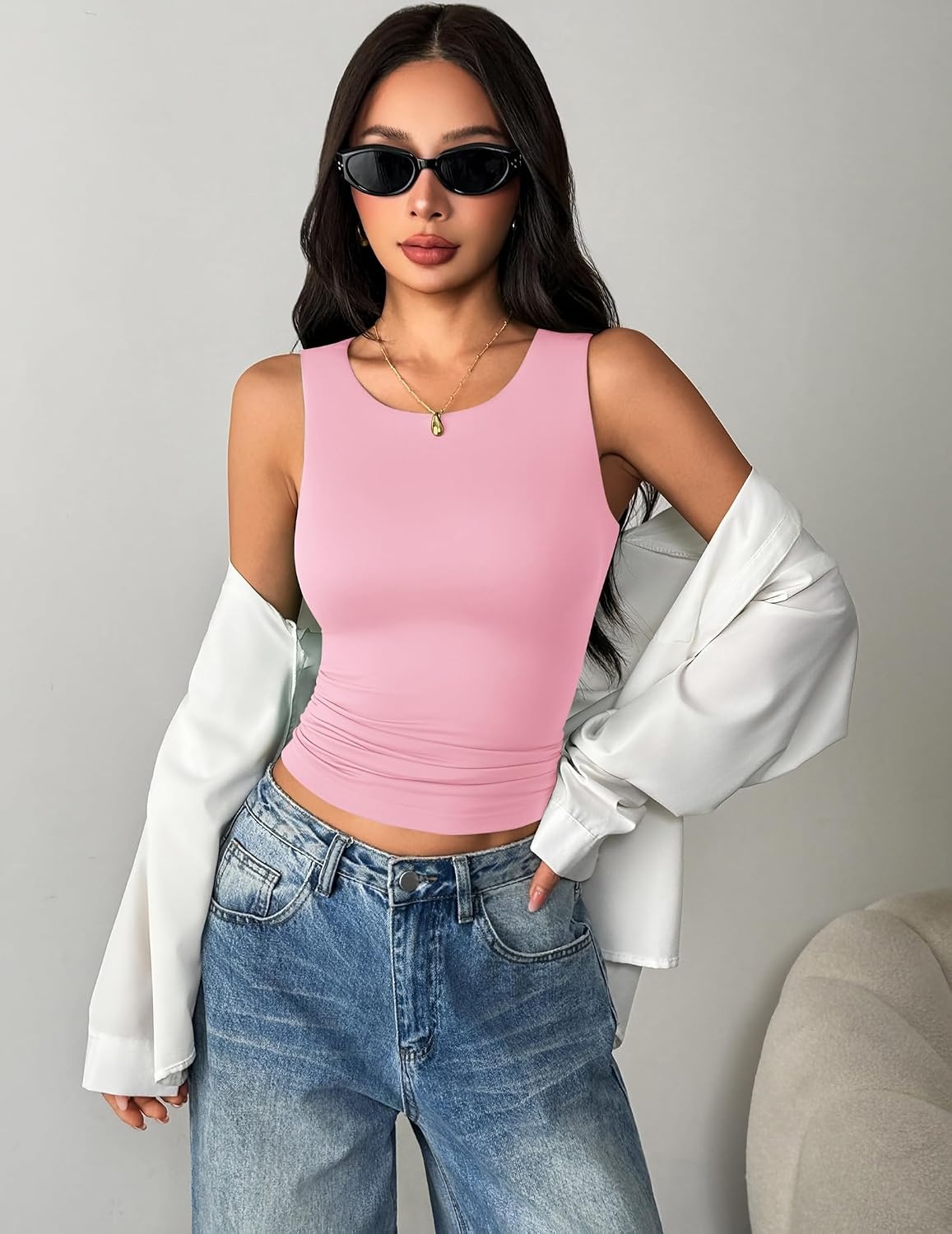 image:imageZeagoo Womens Double Lined Crew Neck Tank Tops Summer Sleeveless ClothesPink