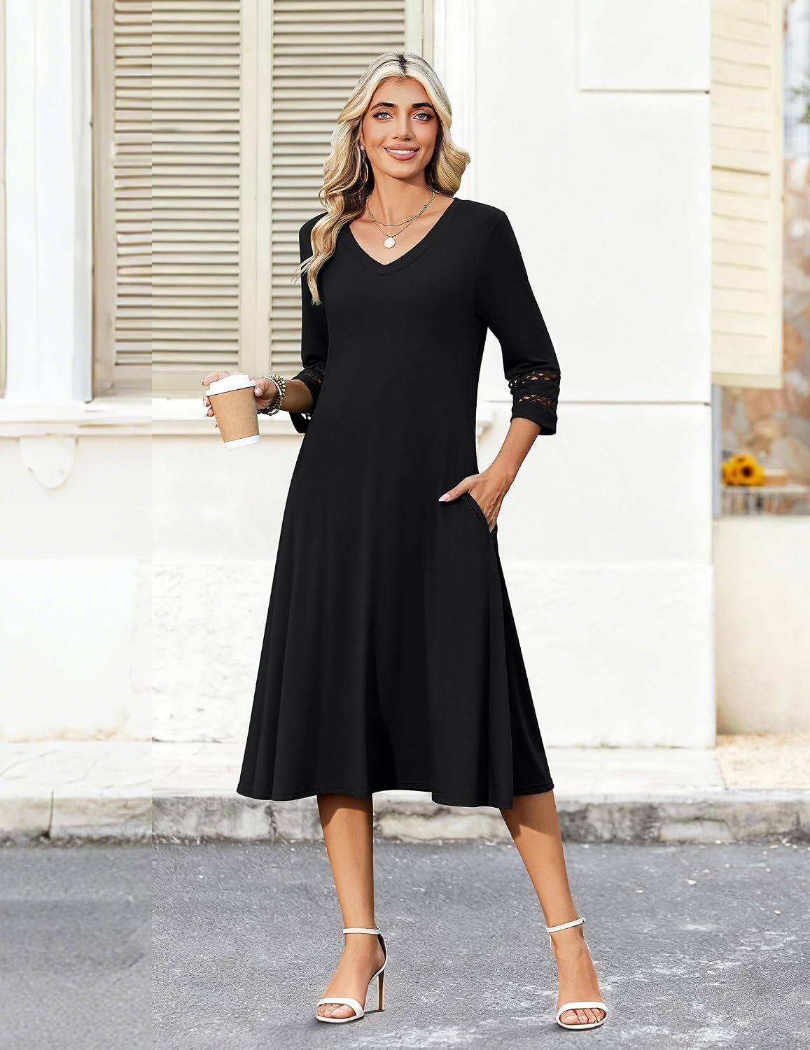 image:imageZeagoo Womens Dresses 34 Sleeve Casual VNeck A Line Eyelet Midi Dress01black