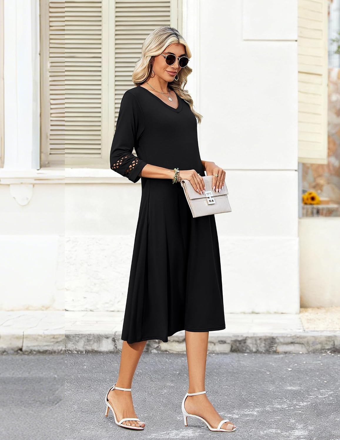 image:imageZeagoo Womens Dresses 34 Sleeve Casual VNeck A Line Eyelet Midi Dress01black
