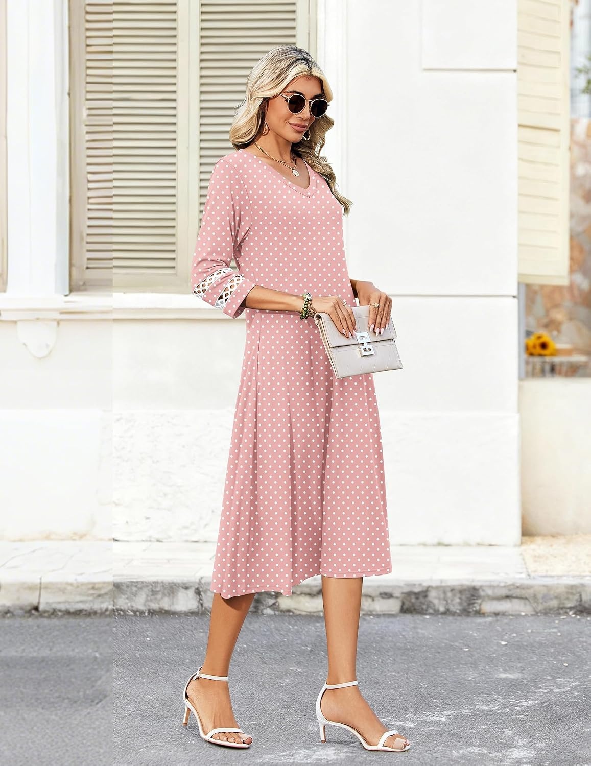 image:imageZeagoo Womens Dresses 34 Sleeve Casual VNeck A Line Eyelet Midi Dress02jh1