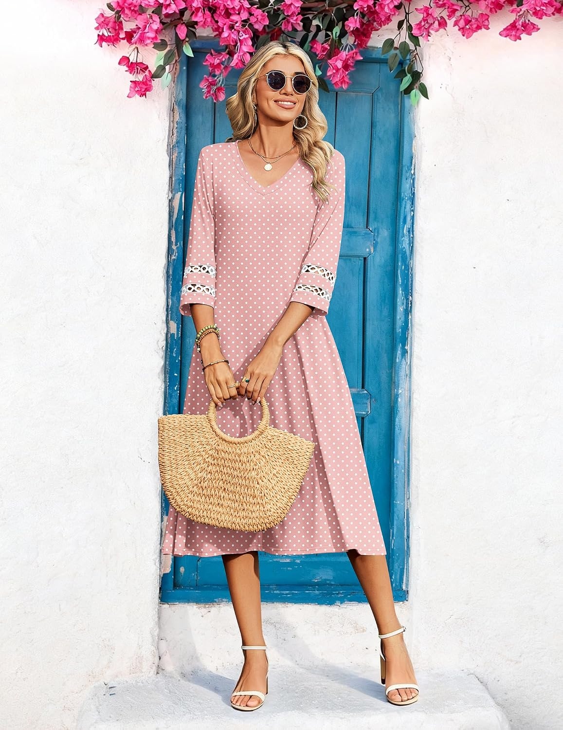 image:imageZeagoo Womens Dresses 34 Sleeve Casual VNeck A Line Eyelet Midi Dress02jh1