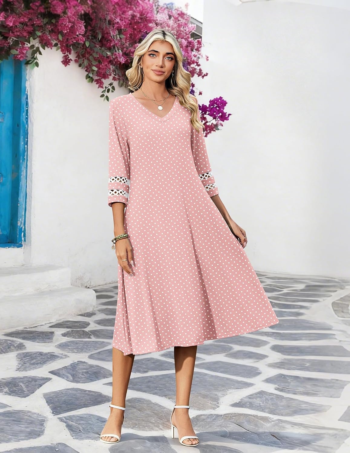 image:imageZeagoo Womens Dresses 34 Sleeve Casual VNeck A Line Eyelet Midi Dress02jh1