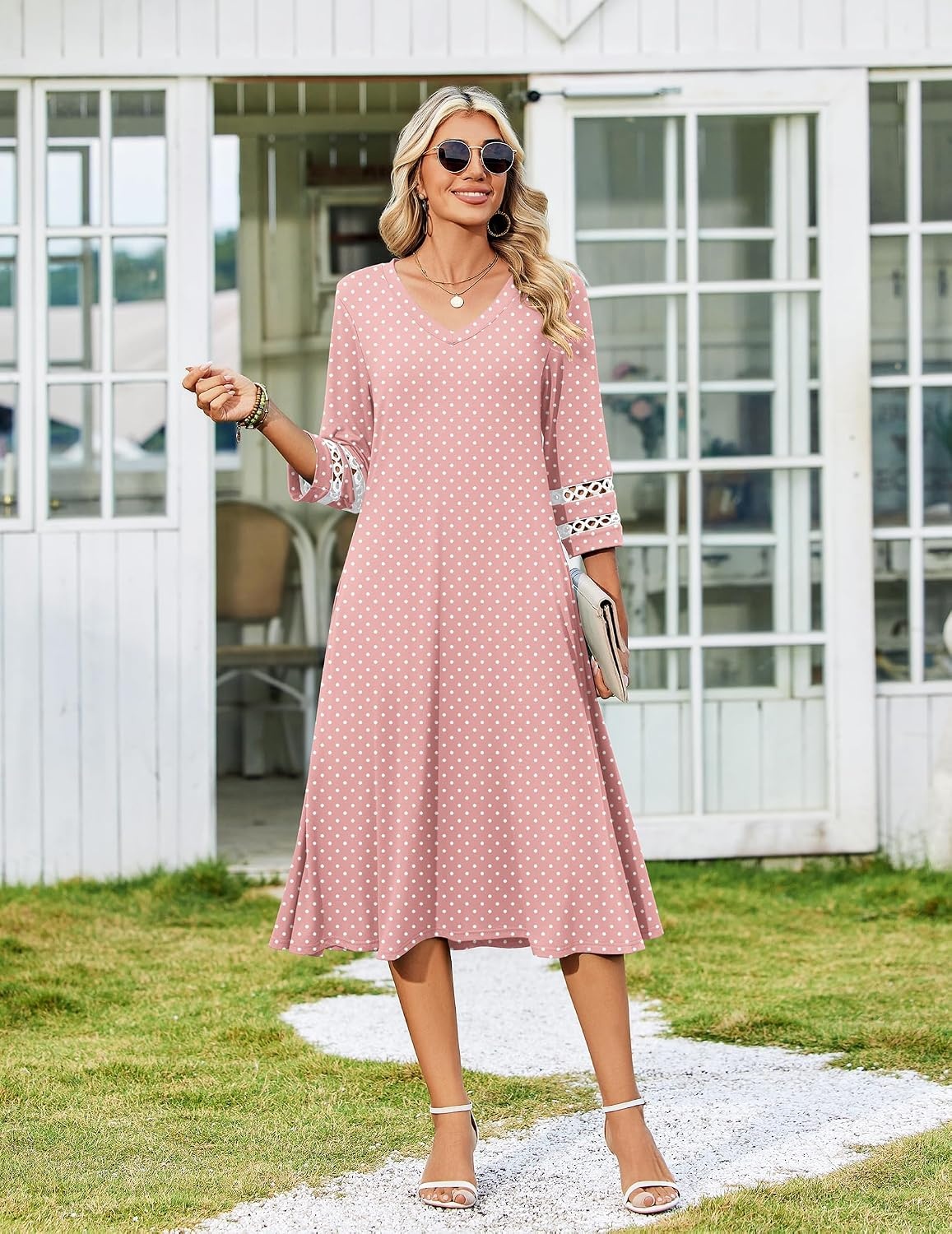 image:imageZeagoo Womens Dresses 34 Sleeve Casual VNeck A Line Eyelet Midi Dress02jh1