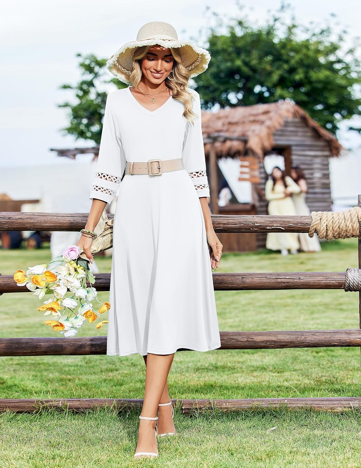 image:imageZeagoo Womens Dresses 34 Sleeve Casual VNeck A Line Eyelet Midi Dress03white